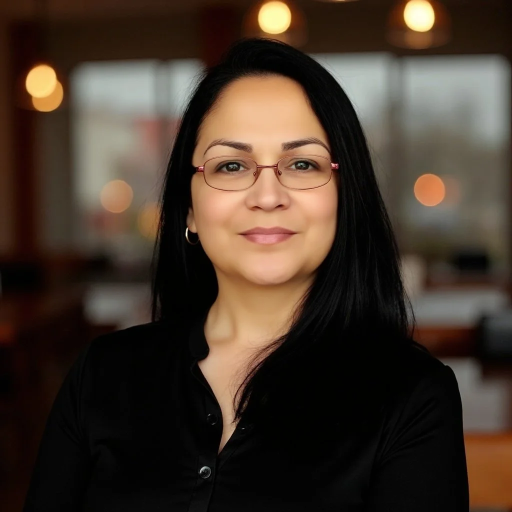 A woman with long black hair wearing glasses and a black top, smiling in a warmly lit environment.