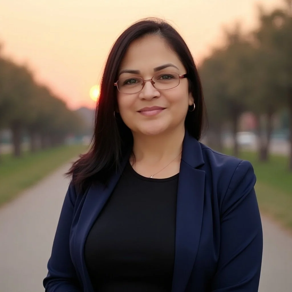 A woman with dark hair and glasses smiling outdoors during sunset, wearing a navy blazer and black top.