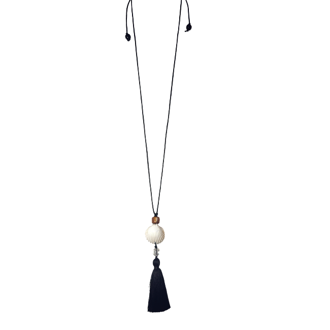 Tassel Amulet Necklace with white shell pendant & resin bead on silk cord