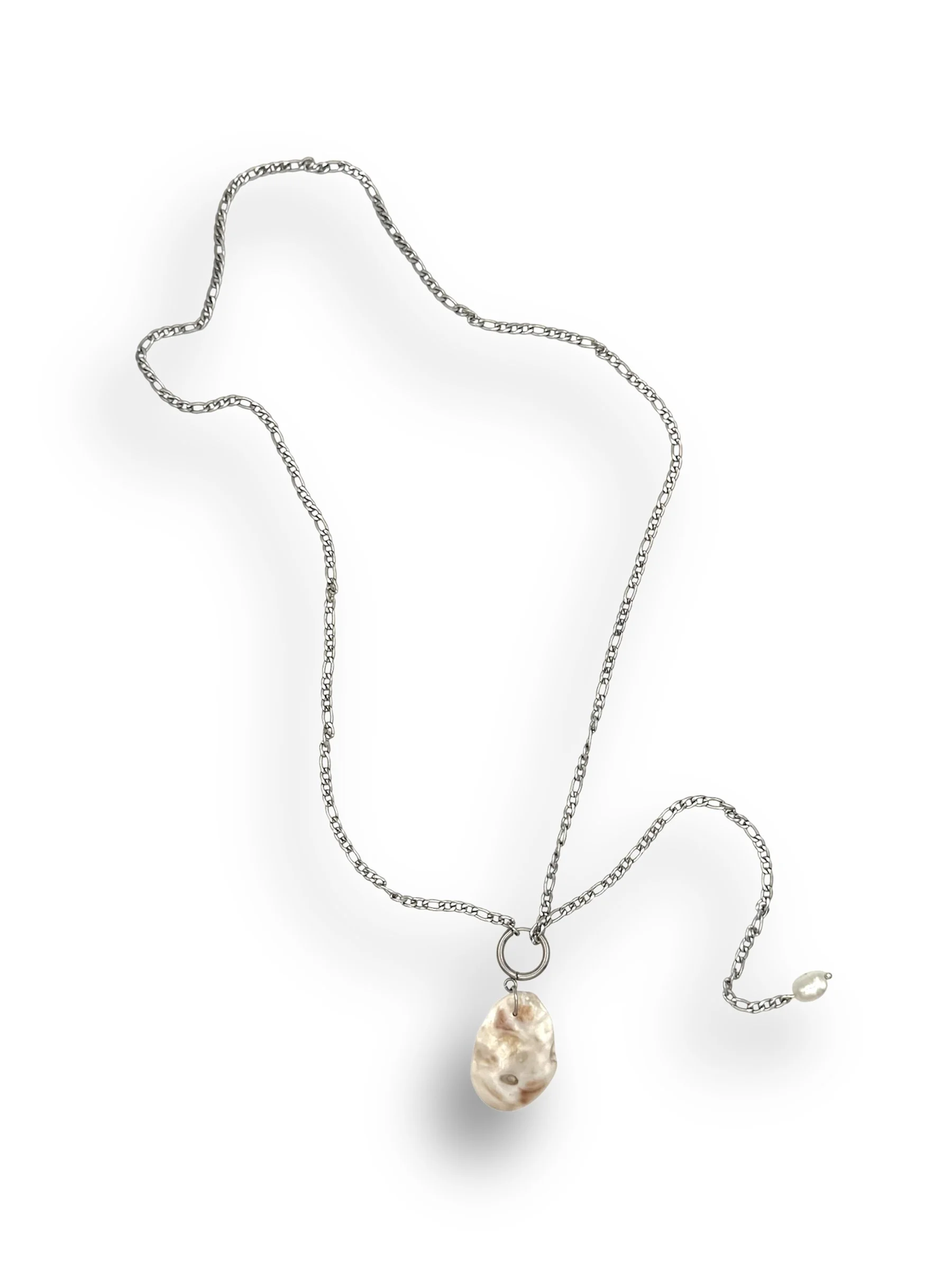 Y Drop Lariat Pearl Oyster Necklace on Silver Chain