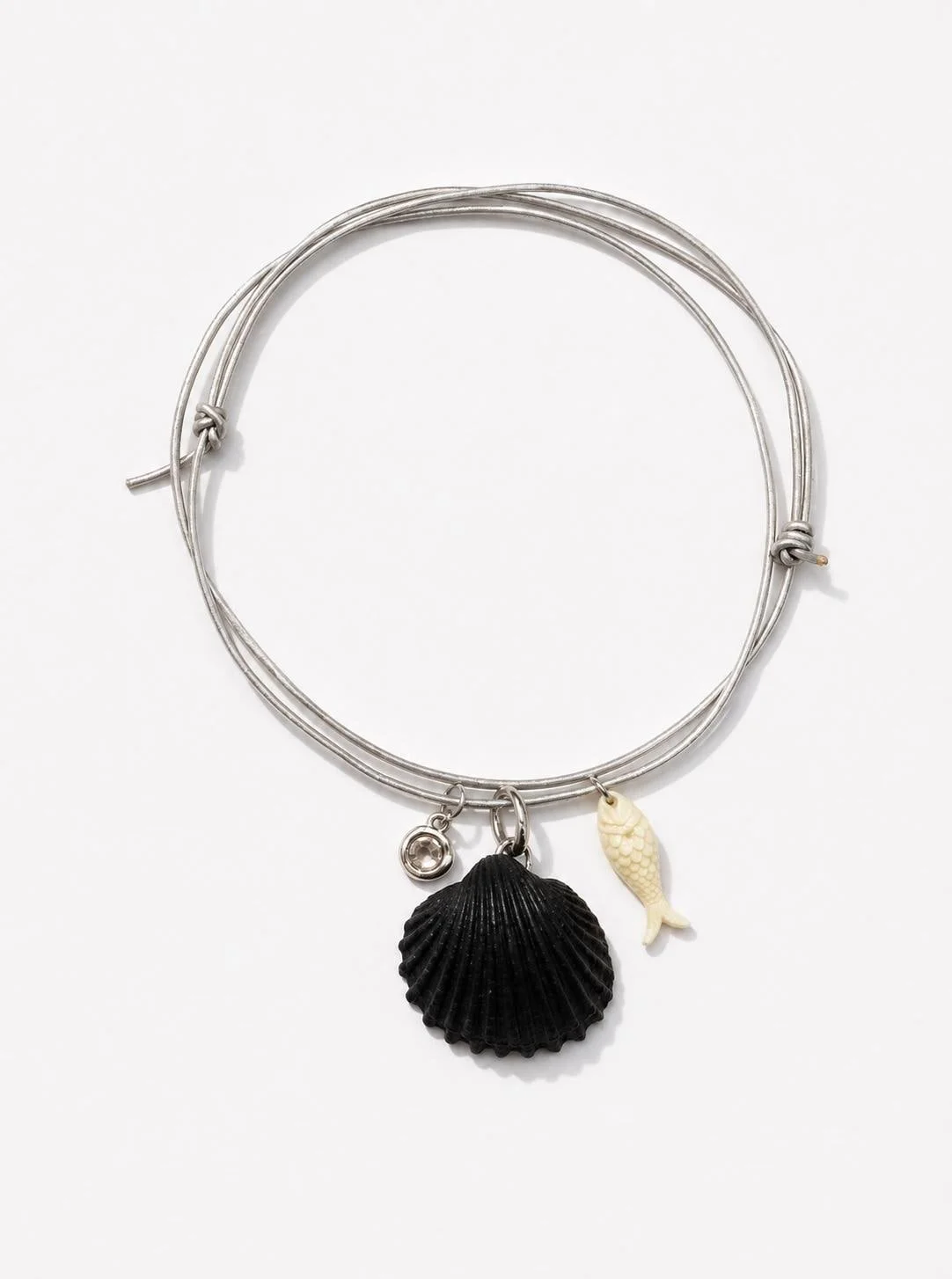 Hand-painted Black Shell Wrap Charm Necklace, Adjustable Metallic Leather Cord, Acrylic Fish Charm