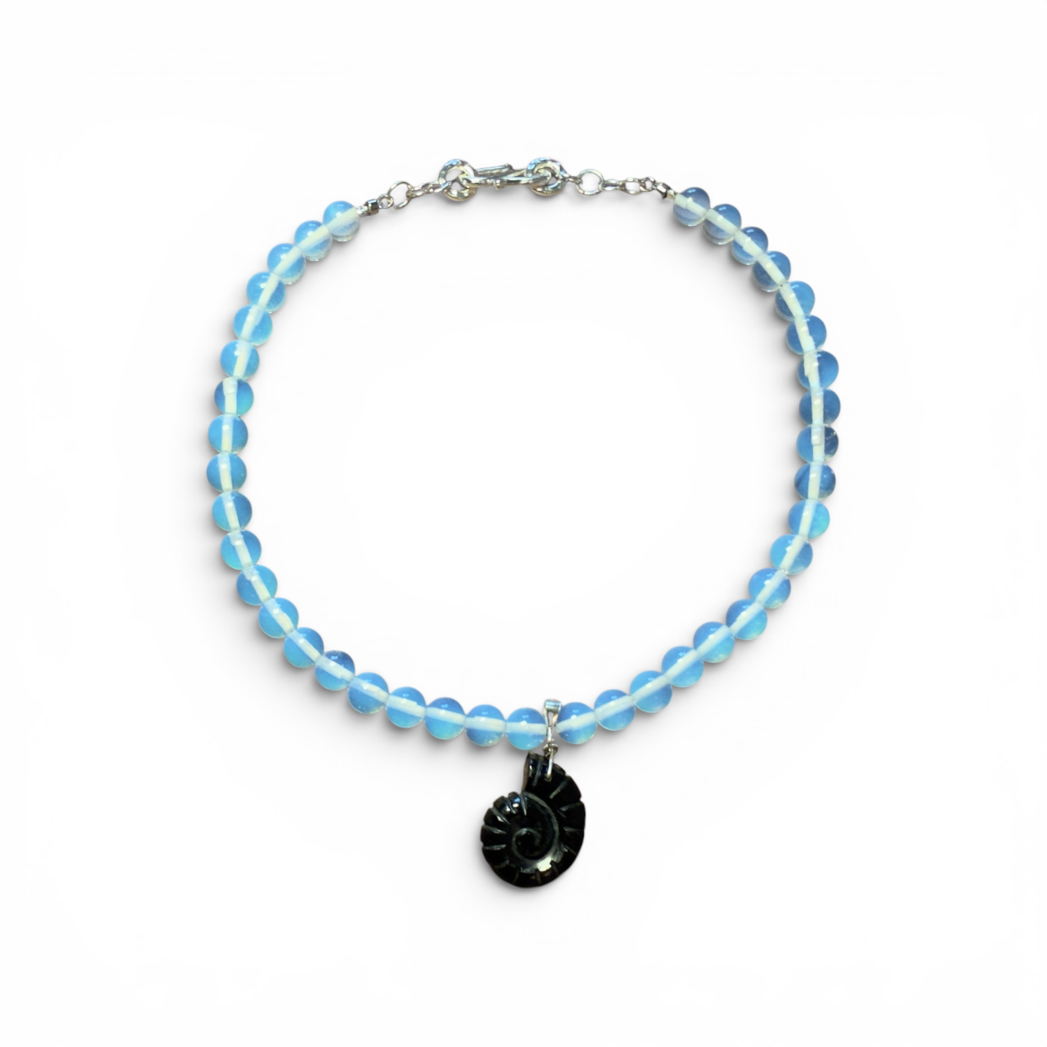 Opalite Choker Necklace with Hand-Carved Black Onyx Shell Pendant