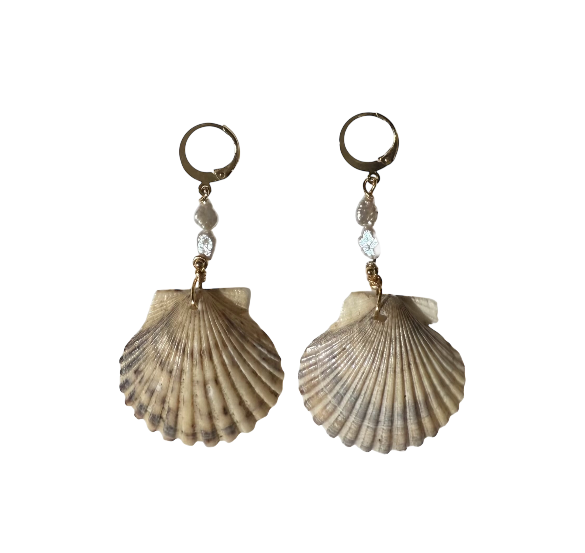 scallop shell & pearl gold hoop drop earrings