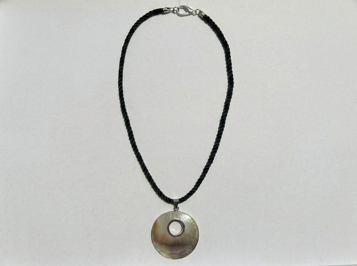 Black Mother of Pearl Disc Pendant on Black Silk Rope