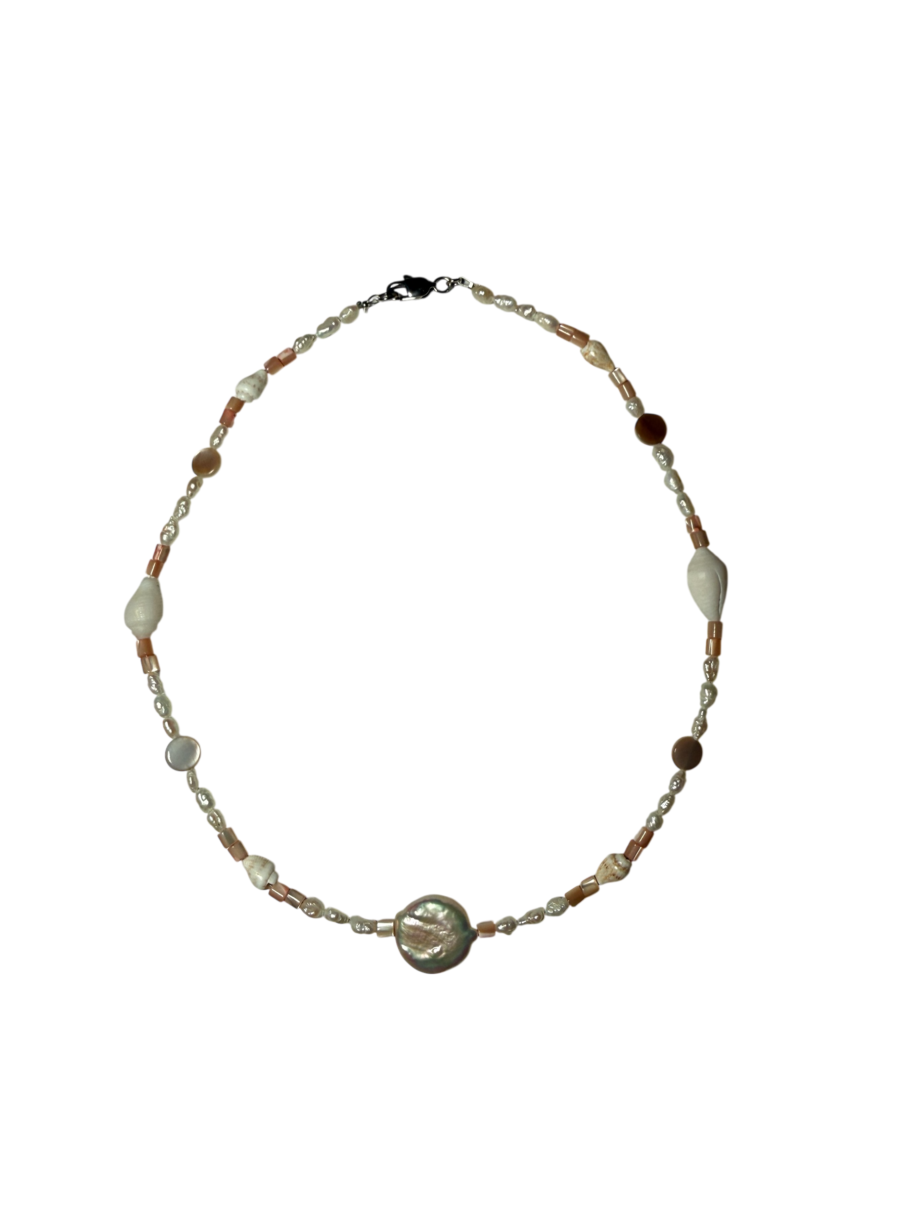 Handmade Baroque Pearl & Shell Necklace, Sterling Silver, Pink Mother of Pearl