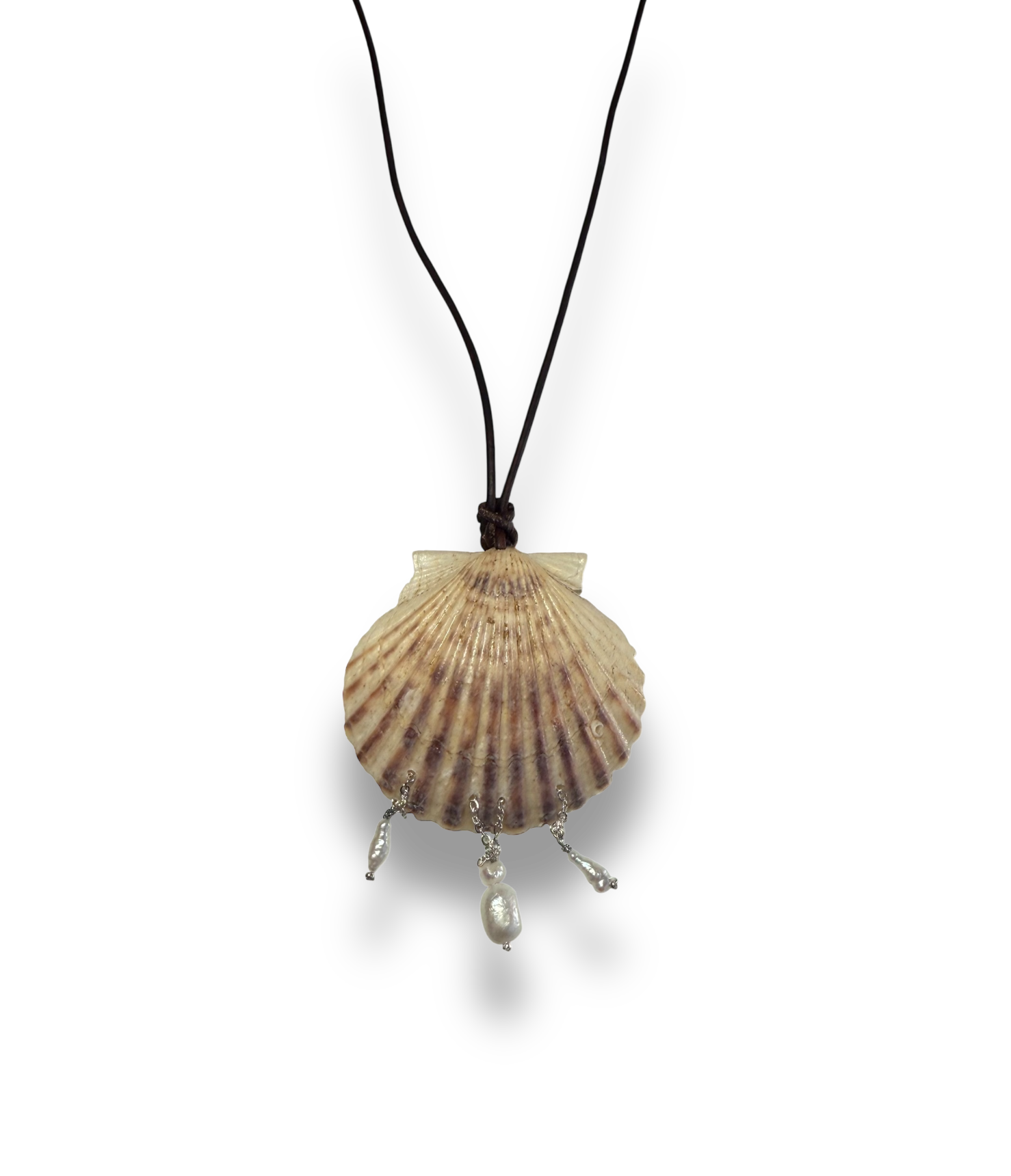 Scallop Shell & Freshwater Pearl Necklace on Leather Cord