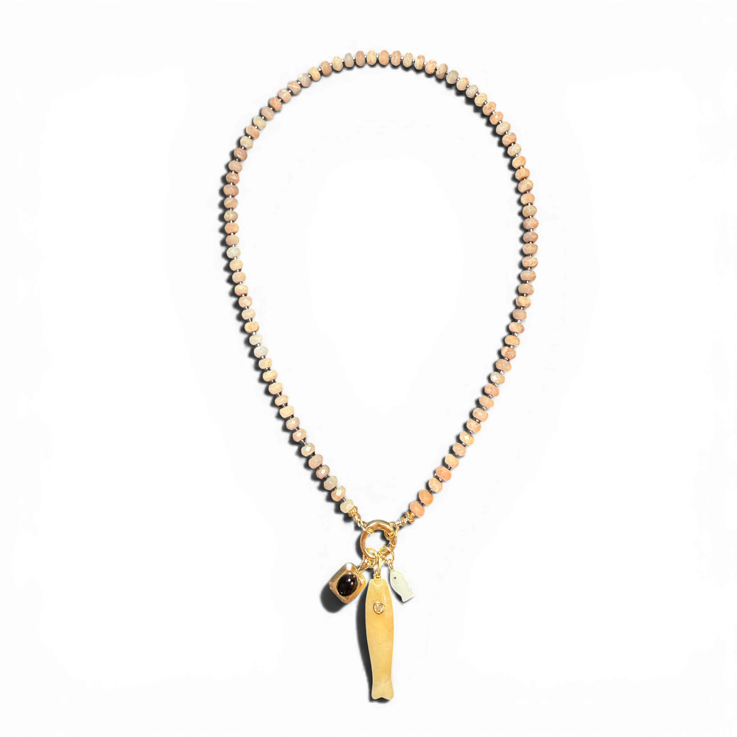 Rose Quartz Charm Necklace, Yellow Jade Fish, Mother of Pearl, Black Onyx
