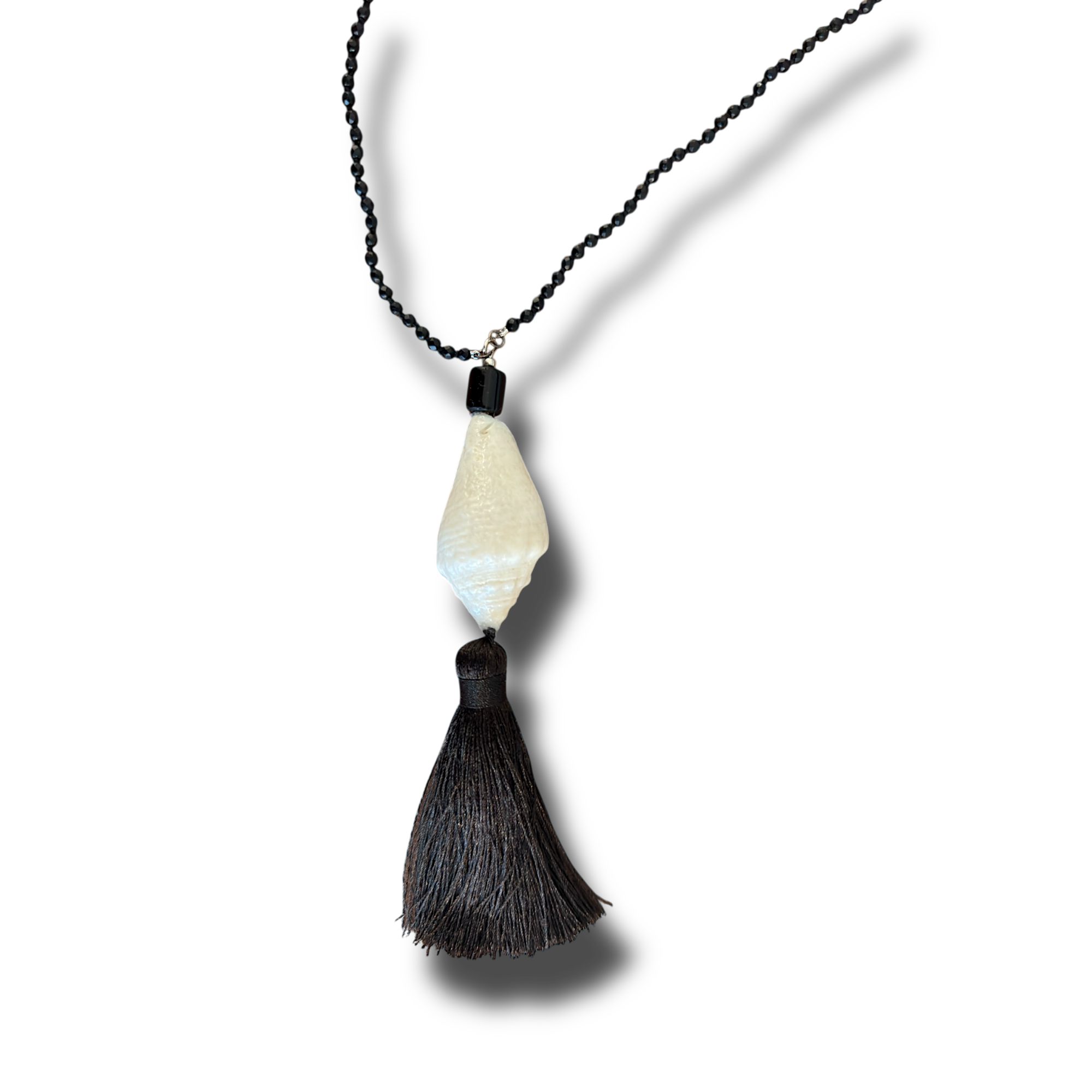 Onyx Beaded Shell Pendant Necklace with Silk Tassel