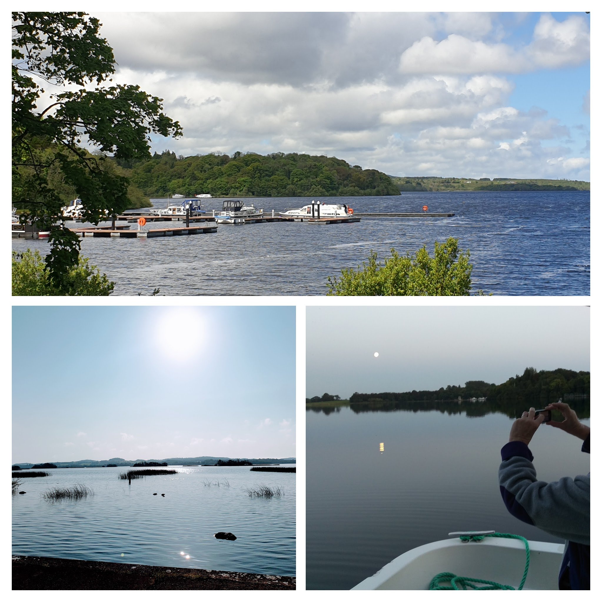 A collage of three photos of lakes and boats. The top photo shows a marina with boats docked on a sunny day with partly cloudy skies. The bottom left photo features a calm lake with reeds and rocks under a bright sun. The bottom right photo captures a person on a boat taking a picture of the moon over a lake during dusk.