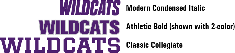 Text reading 'Wildcats' in purple, repeated three times with different font sizes and styles on a black background.
