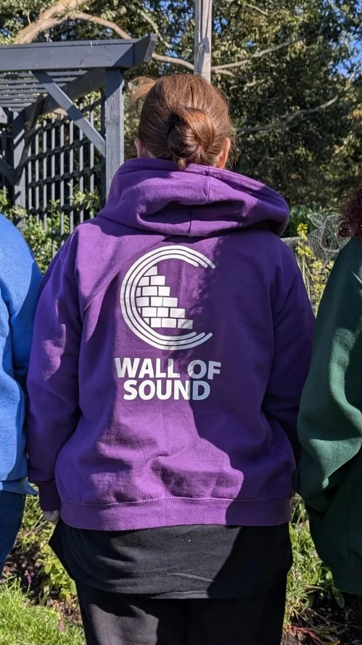 Person wearing a purple hoodie with a logo of a stylized brick wall and the text "WALL OF SOUND" on the back, outdoors in a garden area.