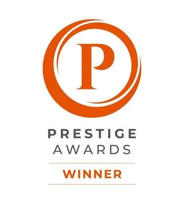 Prestige Awards logo with a large orange 'P' inside an orange circle and the words 'Prestige Awards Winner' below.