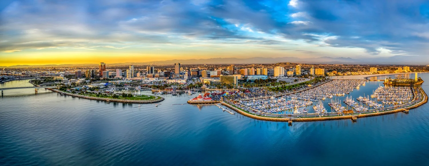 Aerial view of downtown Long Beach at sunset