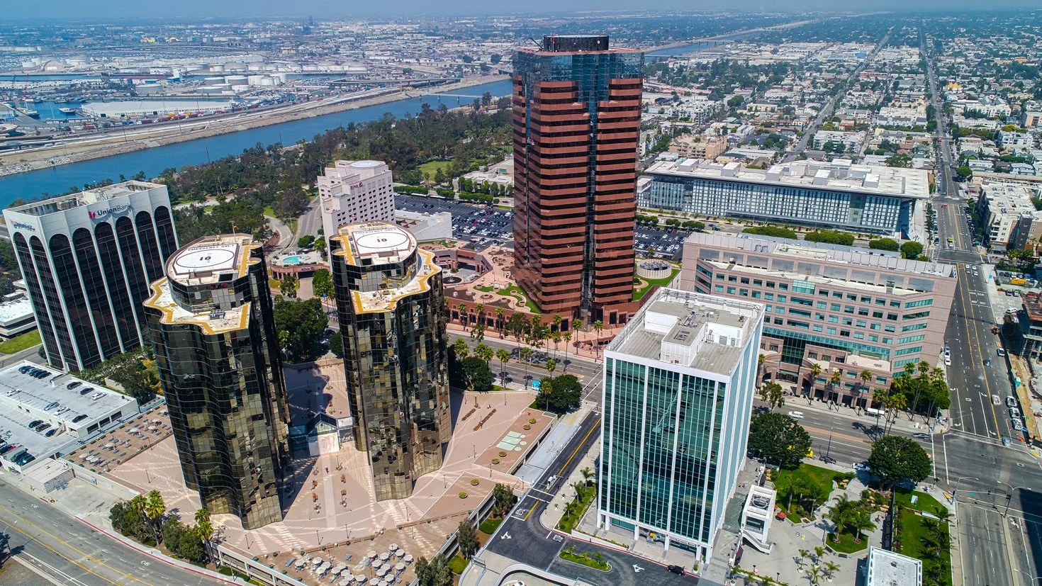 Aerial view of skyscrapers in downtown Long Beach, California