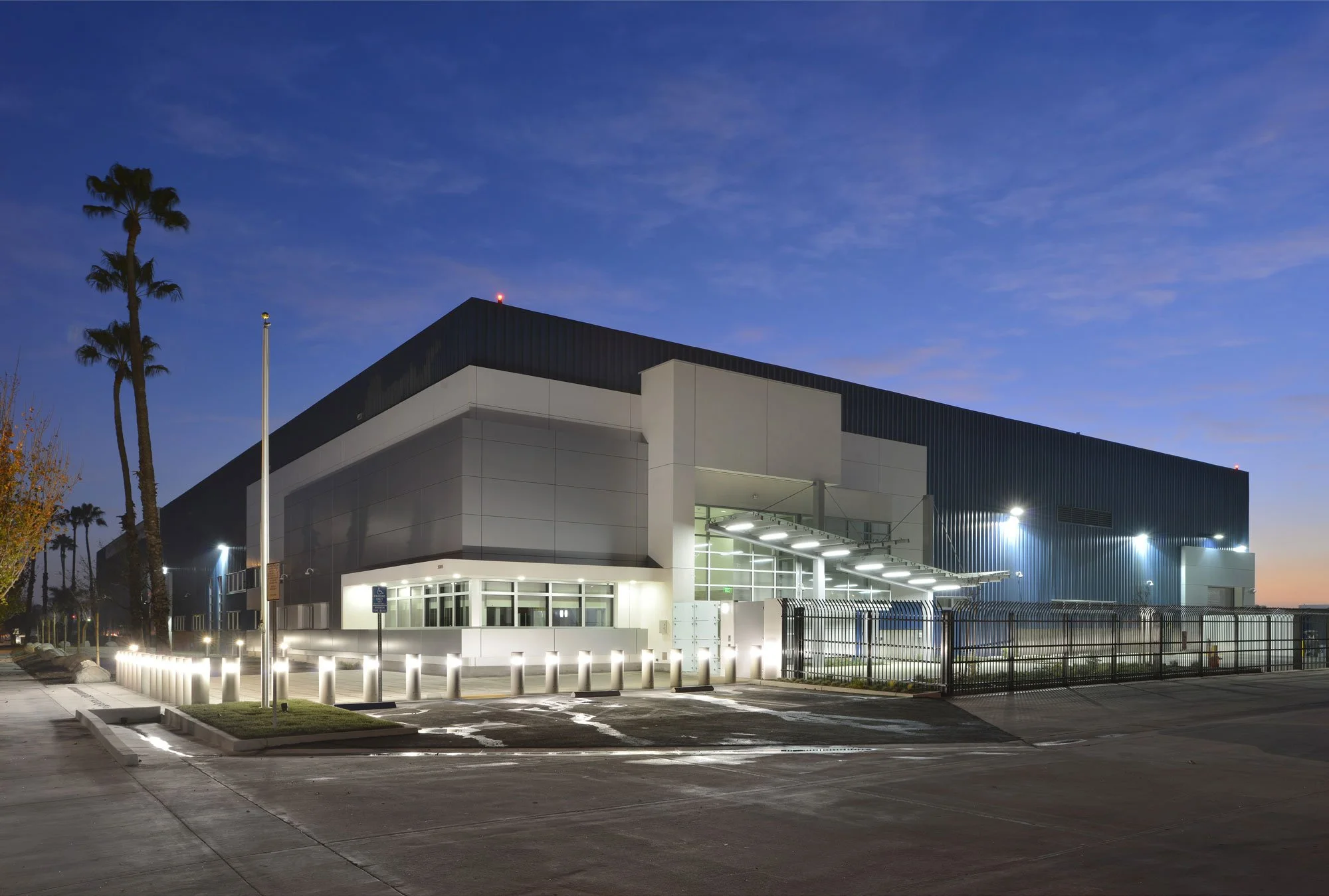 Outside view of high security lab with lights around