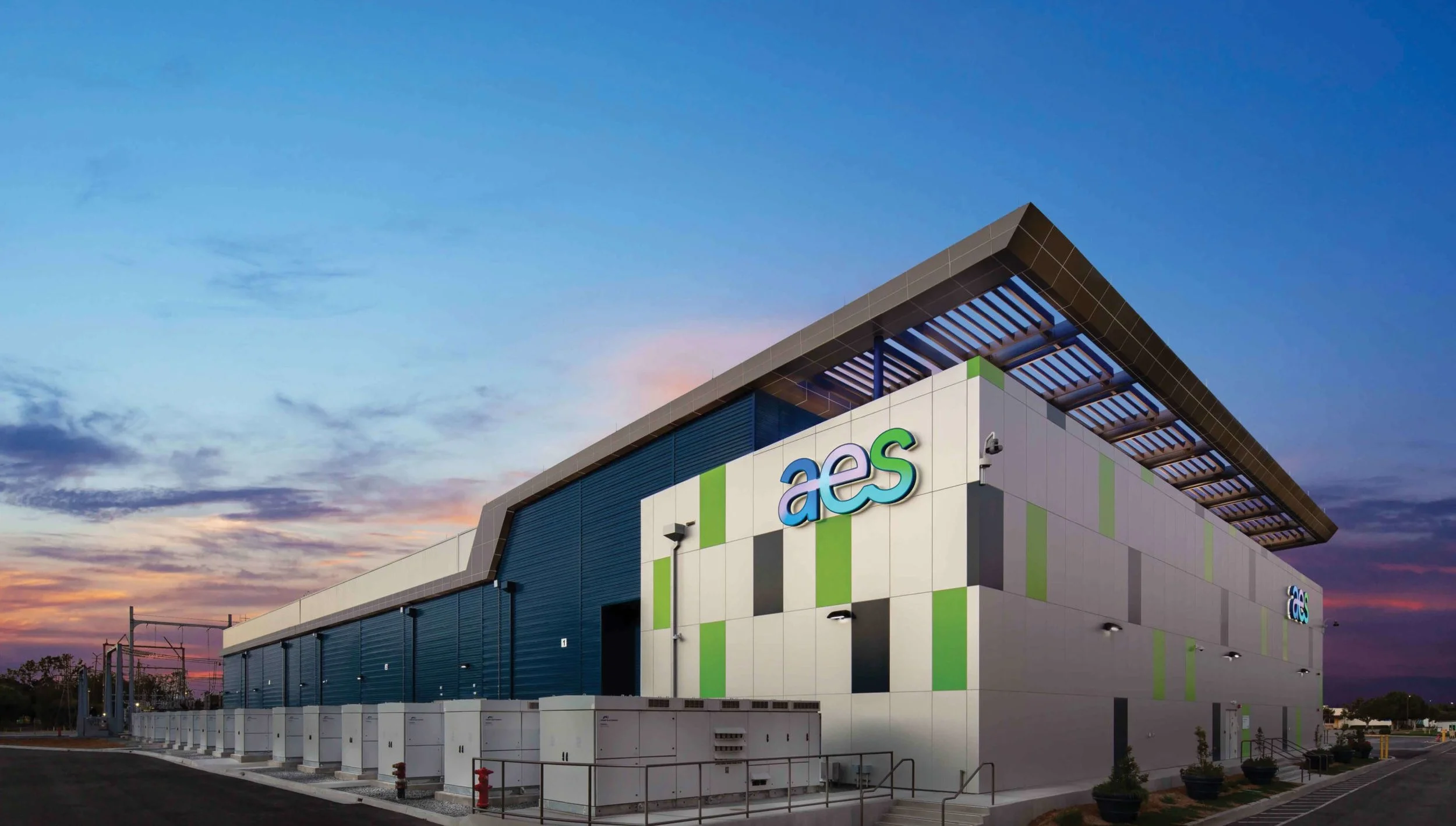 Exterior of AES building at sunset