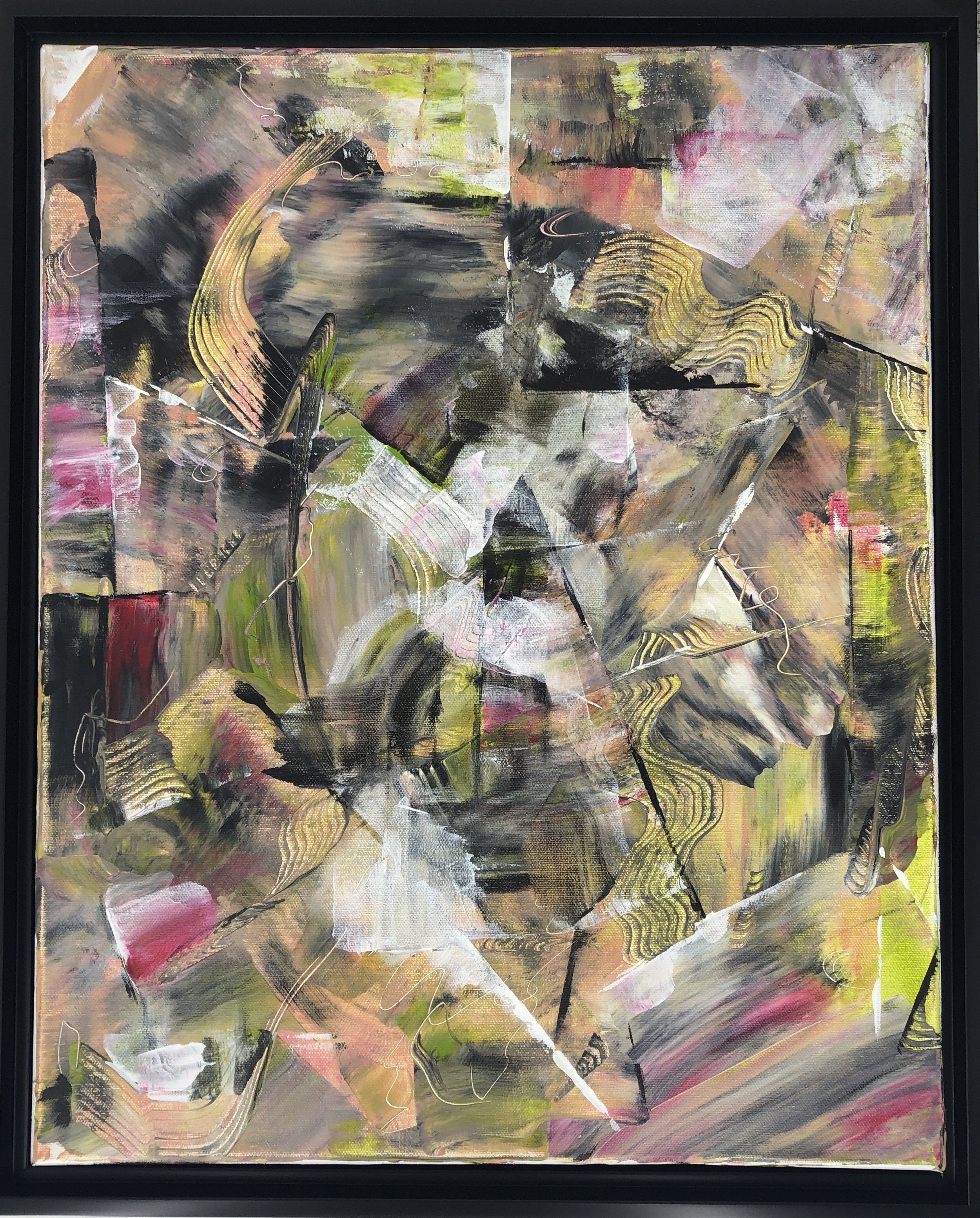 Neutral-toned abstract painting with layered brushstrokes, geometric shapes, and expressive linework in a black frame.