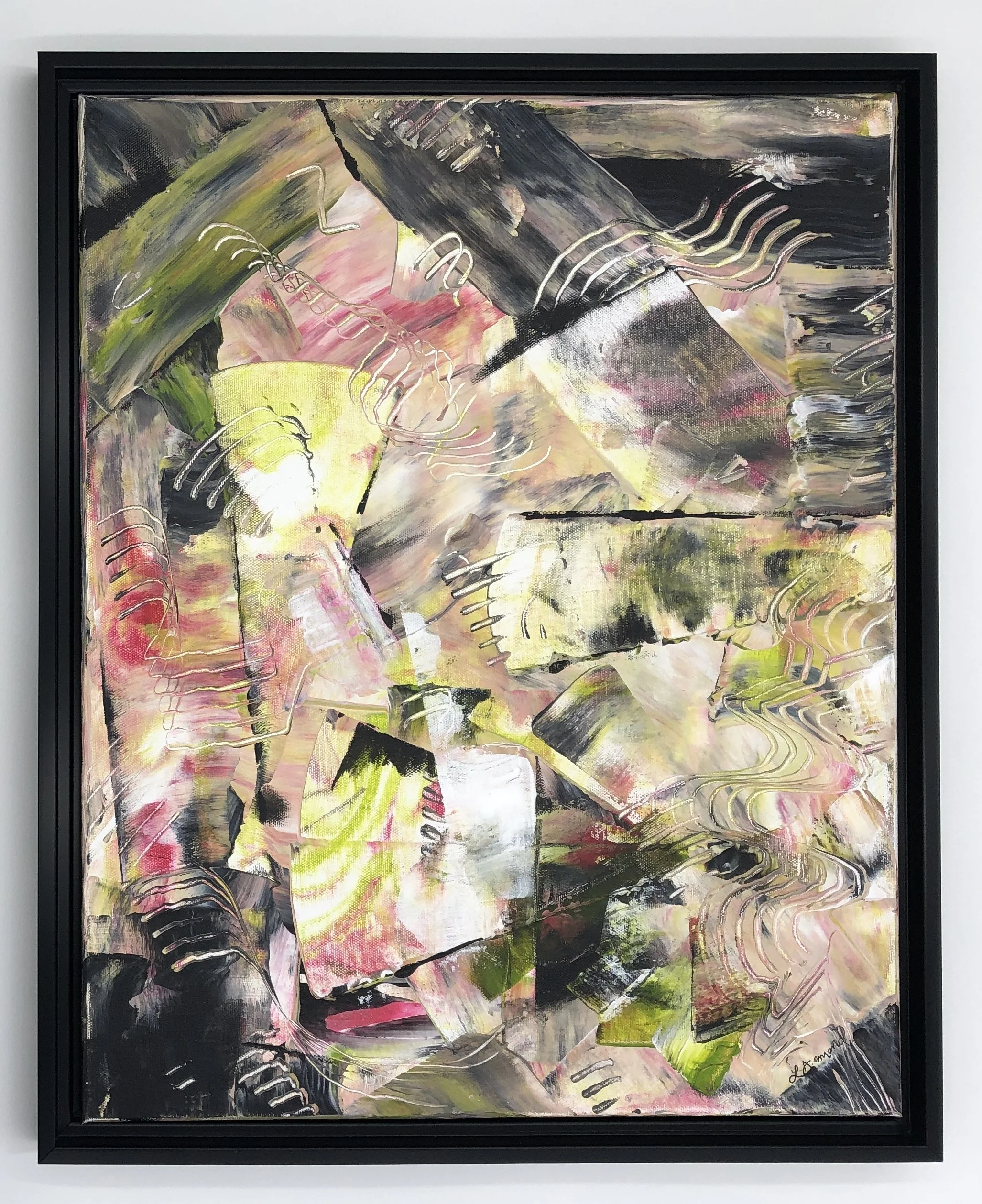 Abstract painting with layered neutrals, blacks, blush tones, and chartreuse accents in a dynamic, textured composition.