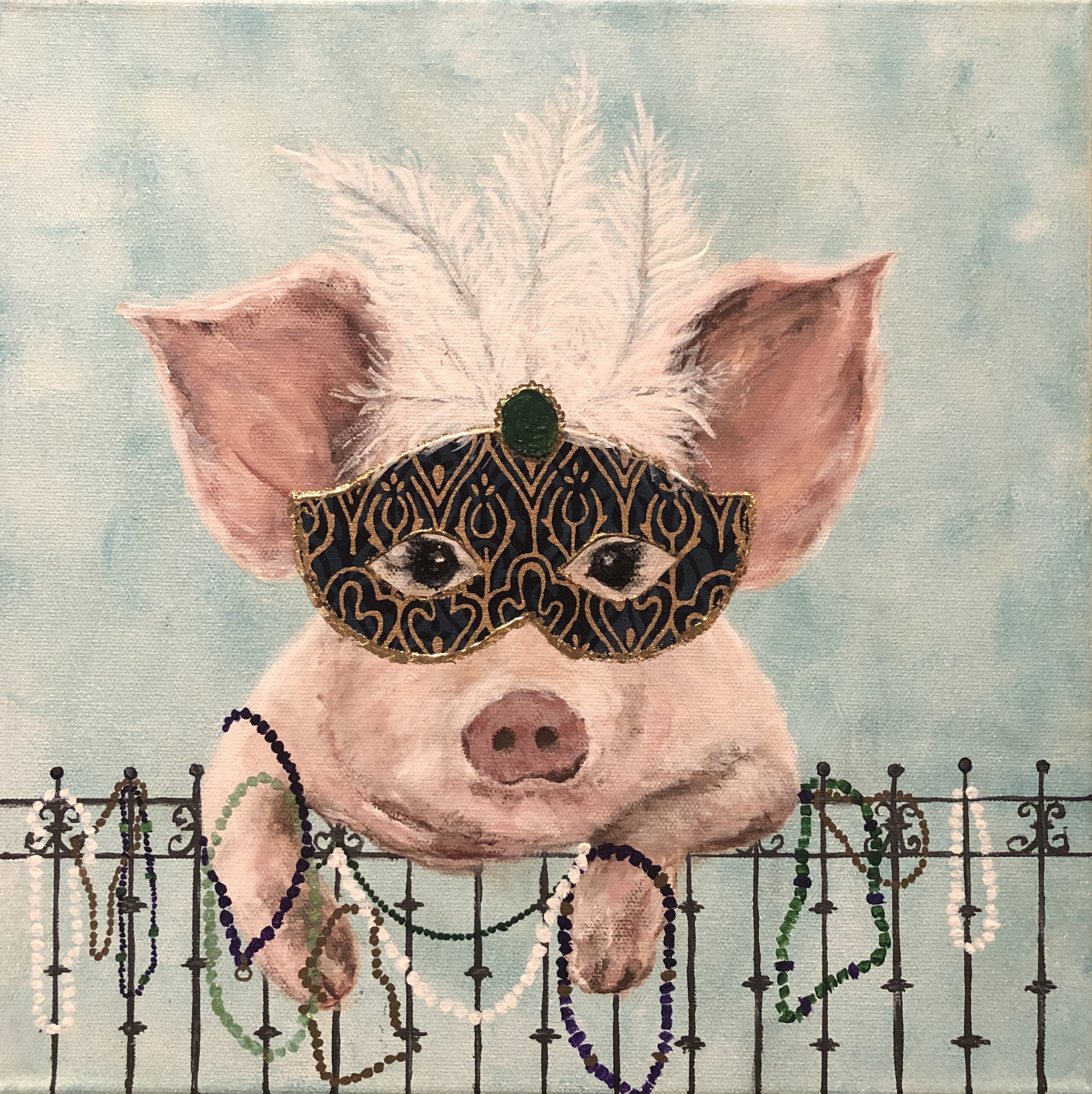 Painting of a pig wearing a gold-and-green masquerade mask with white feathers, leaning on a fence decorated with Mardi Gras beads