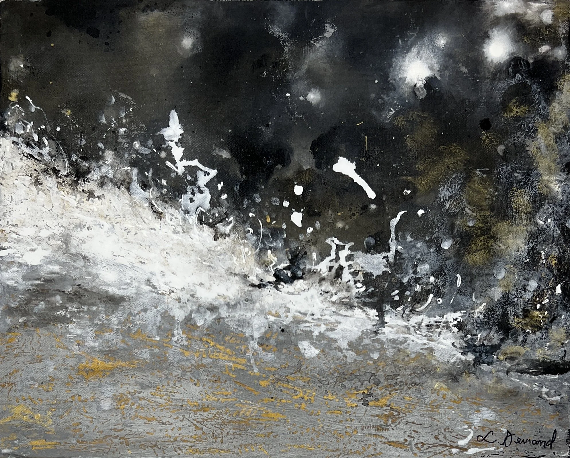Black-and-white abstract waterfall painting with splashing water, textured movement, and hints of gold on a 16×20 canvas.