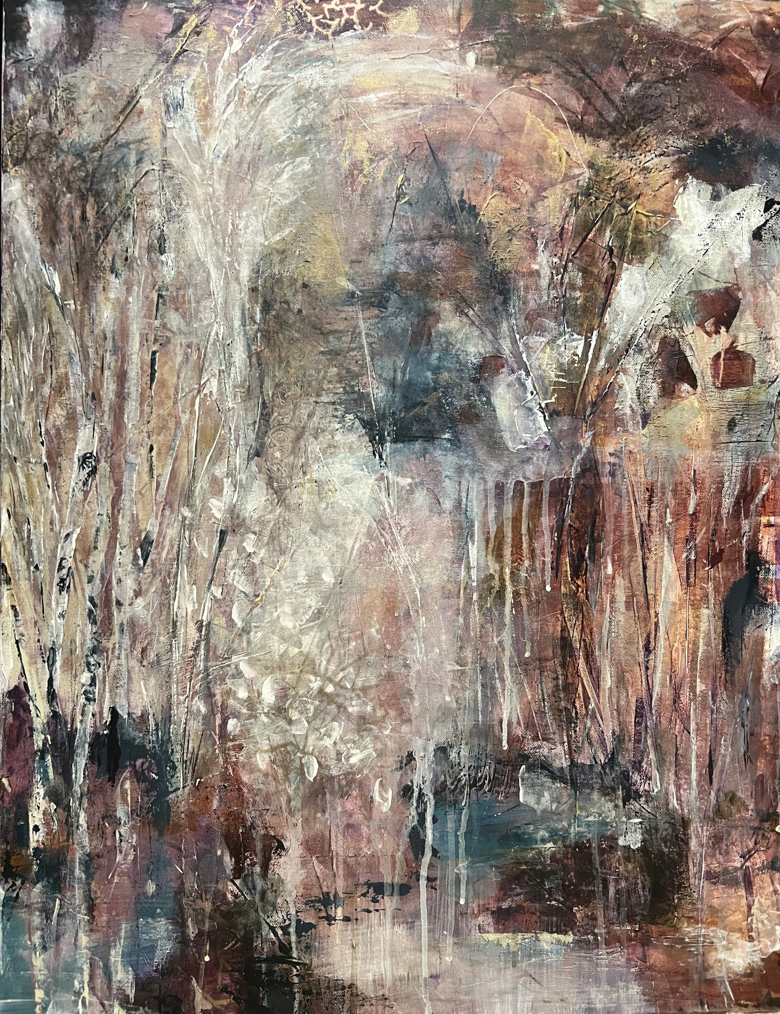 Textured abstract forest painting in blush, brown, teal, and white tones with layered brushwork and atmospheric depth.