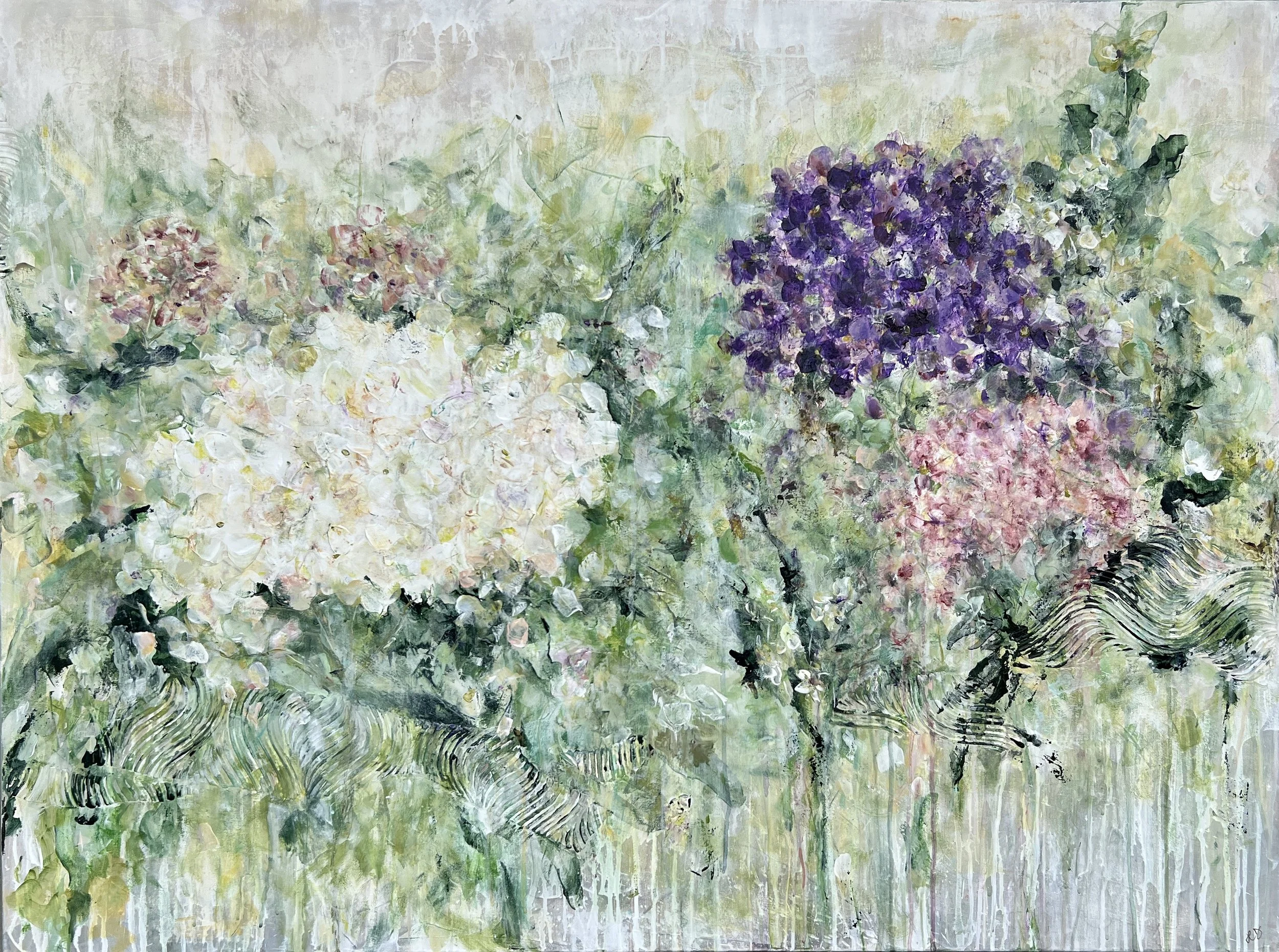 Textured mixed media hydrangea painting with soft greens, whites, purples, and layered abstract floral details.