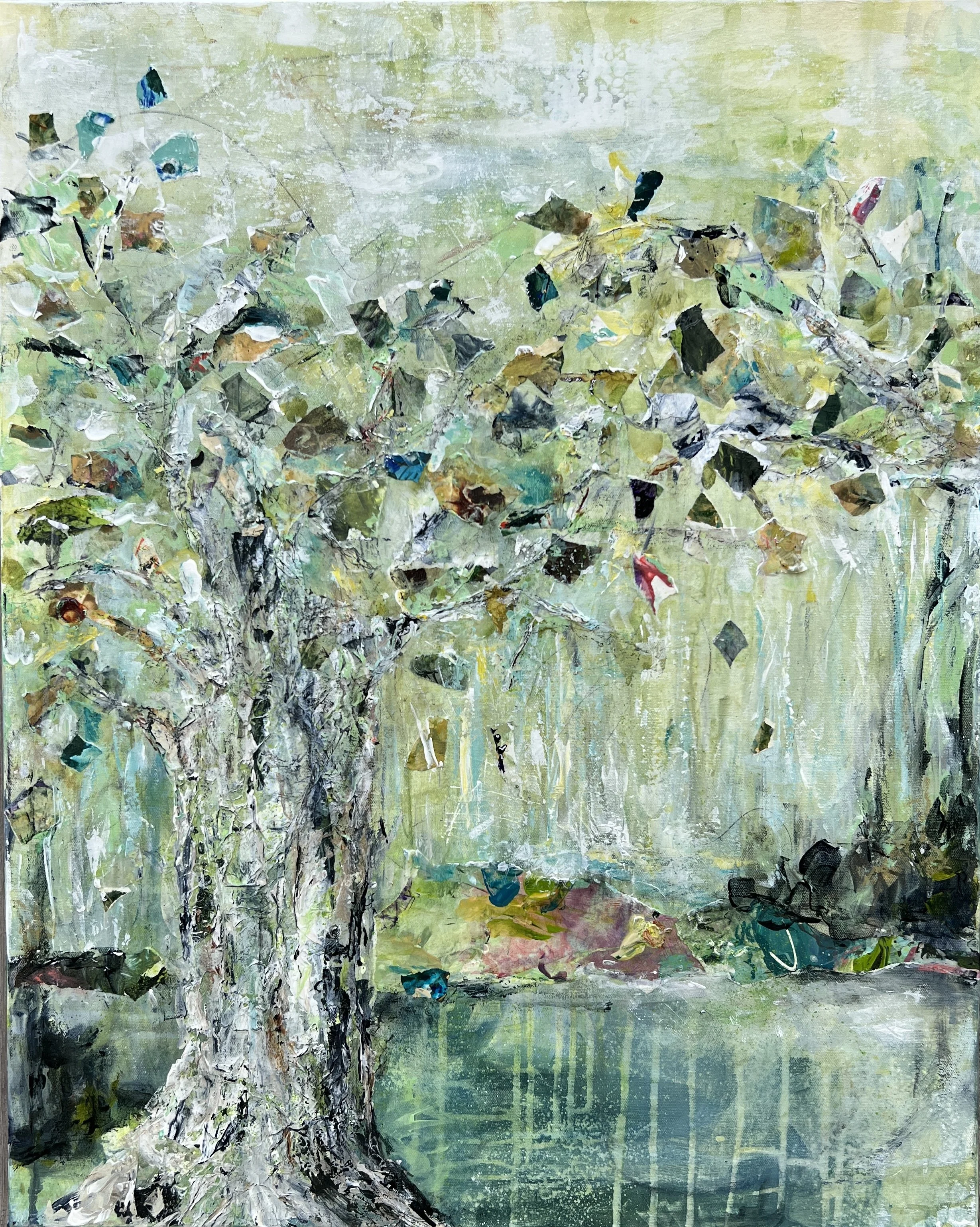 Abstract cool-toned mixed media floral painting with layered greens, blues, and textured petals in a soft atmospheric background.