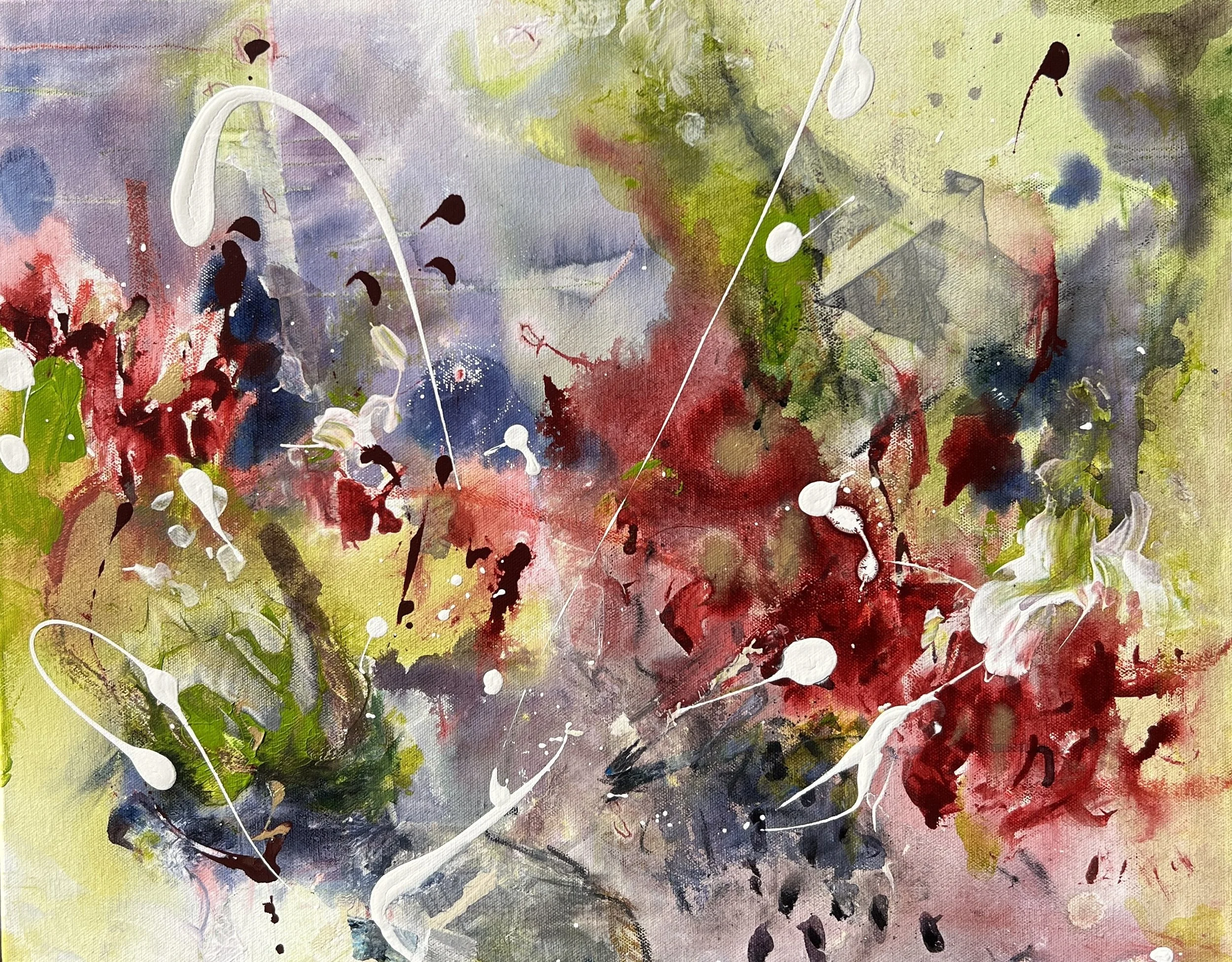 Bold abstract floral painting with plums, reds, greens, and energetic white marks on a 16×20 mixed media canvas.