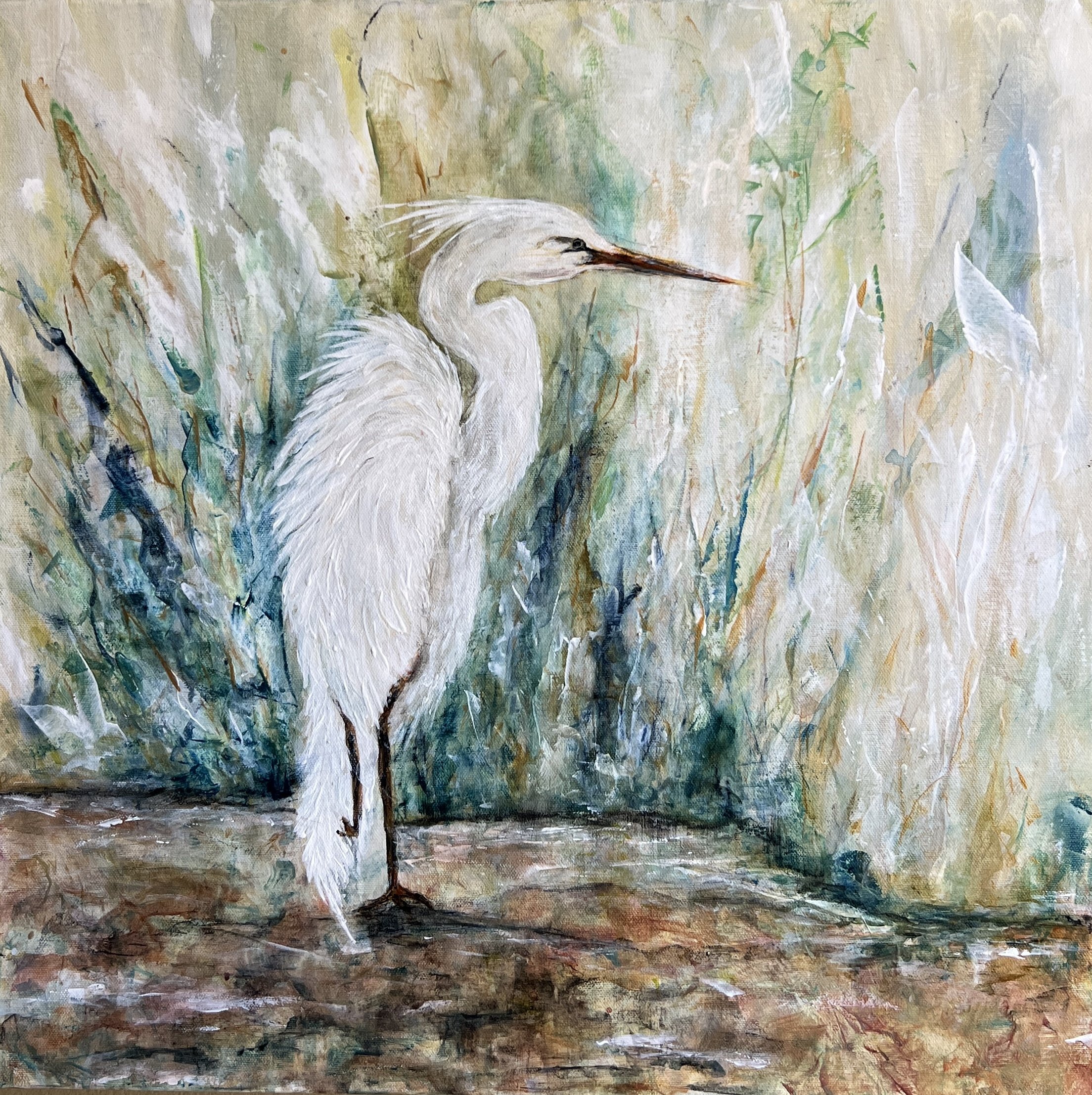 White egret standing in tall grasses against a soft, textured abstract background in earthy greens, tans, and pale neutrals.