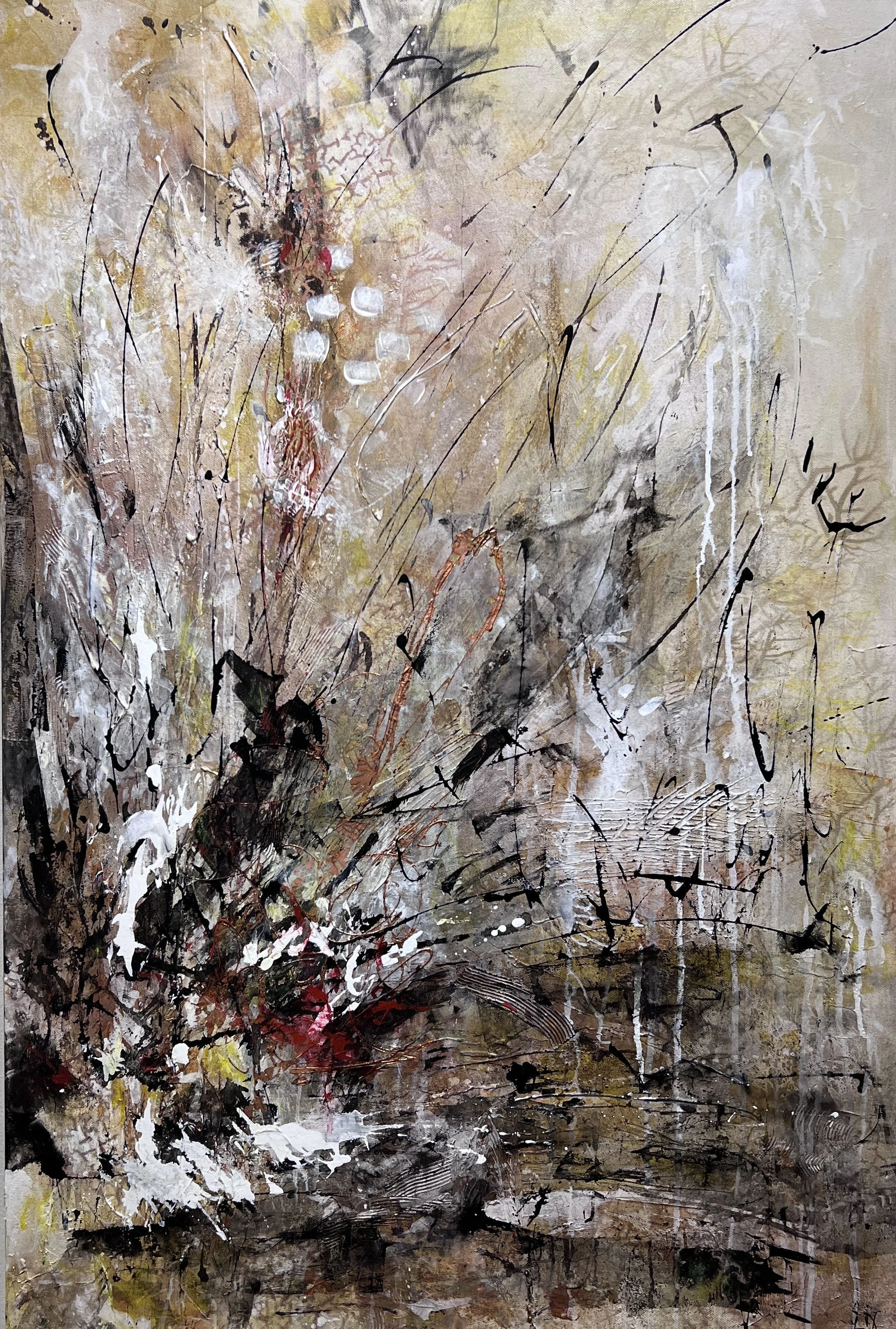 Textured mixed media abstract with bold black strokes, warm neutrals, and expressive splashes of red and white on a 24×36 canvas.