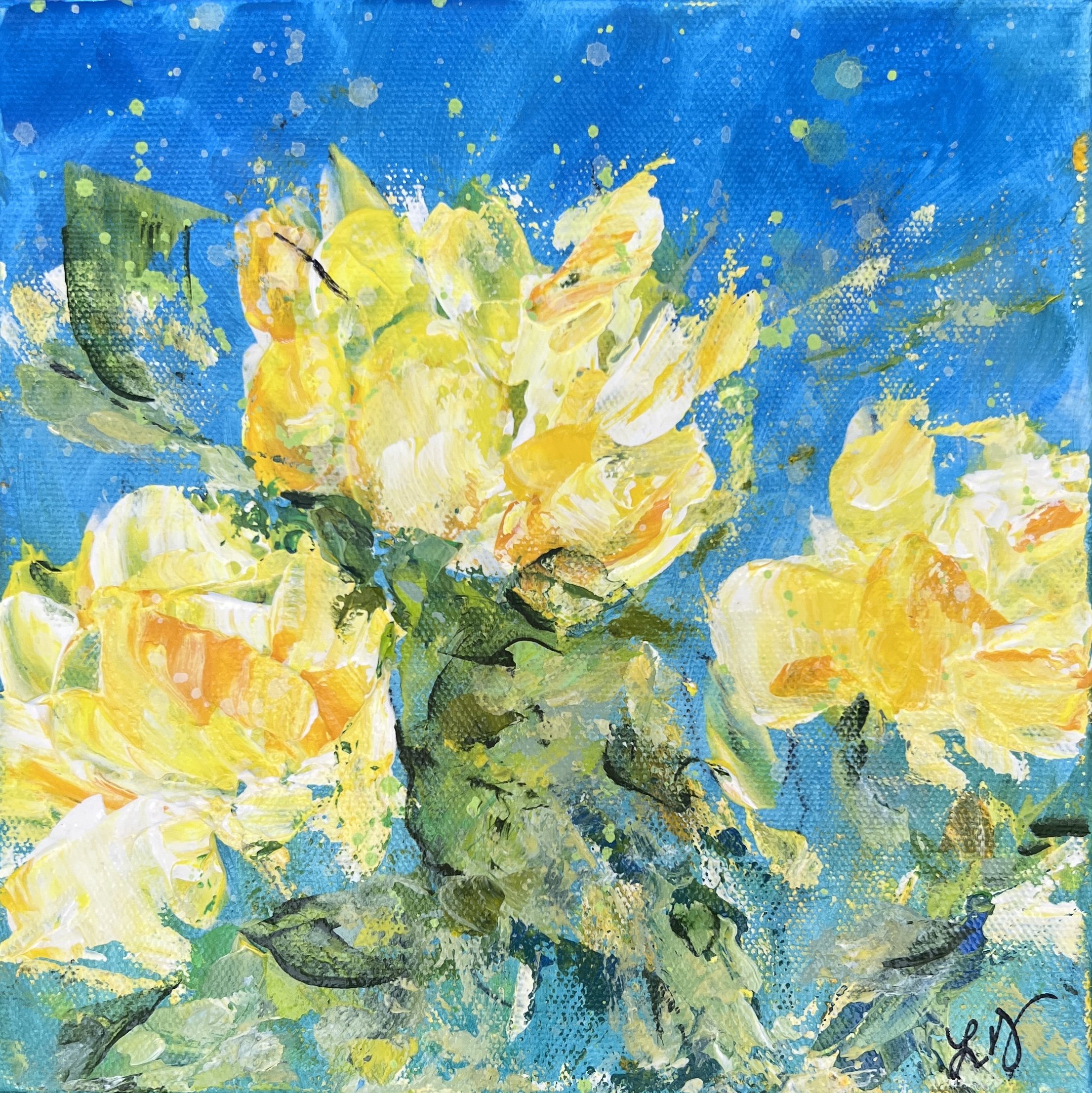 Bright yellow spring flowers against a vivid blue sky, painted with textured acrylics on an 8×8 canvas.