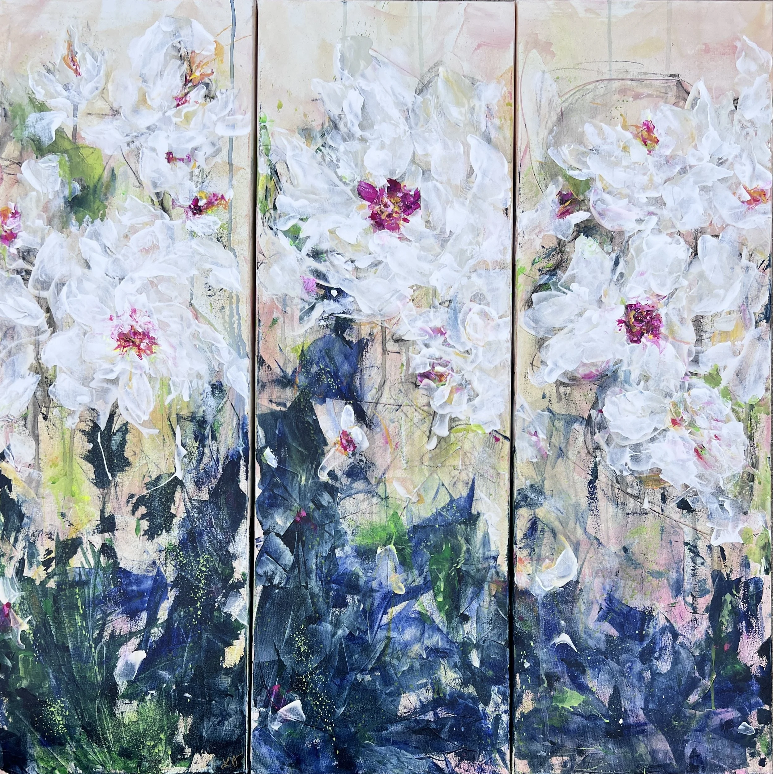 Three-panel mixed media floral painting with white textured blooms, magenta centers, and deep green foliage on gallery-depth canvas.