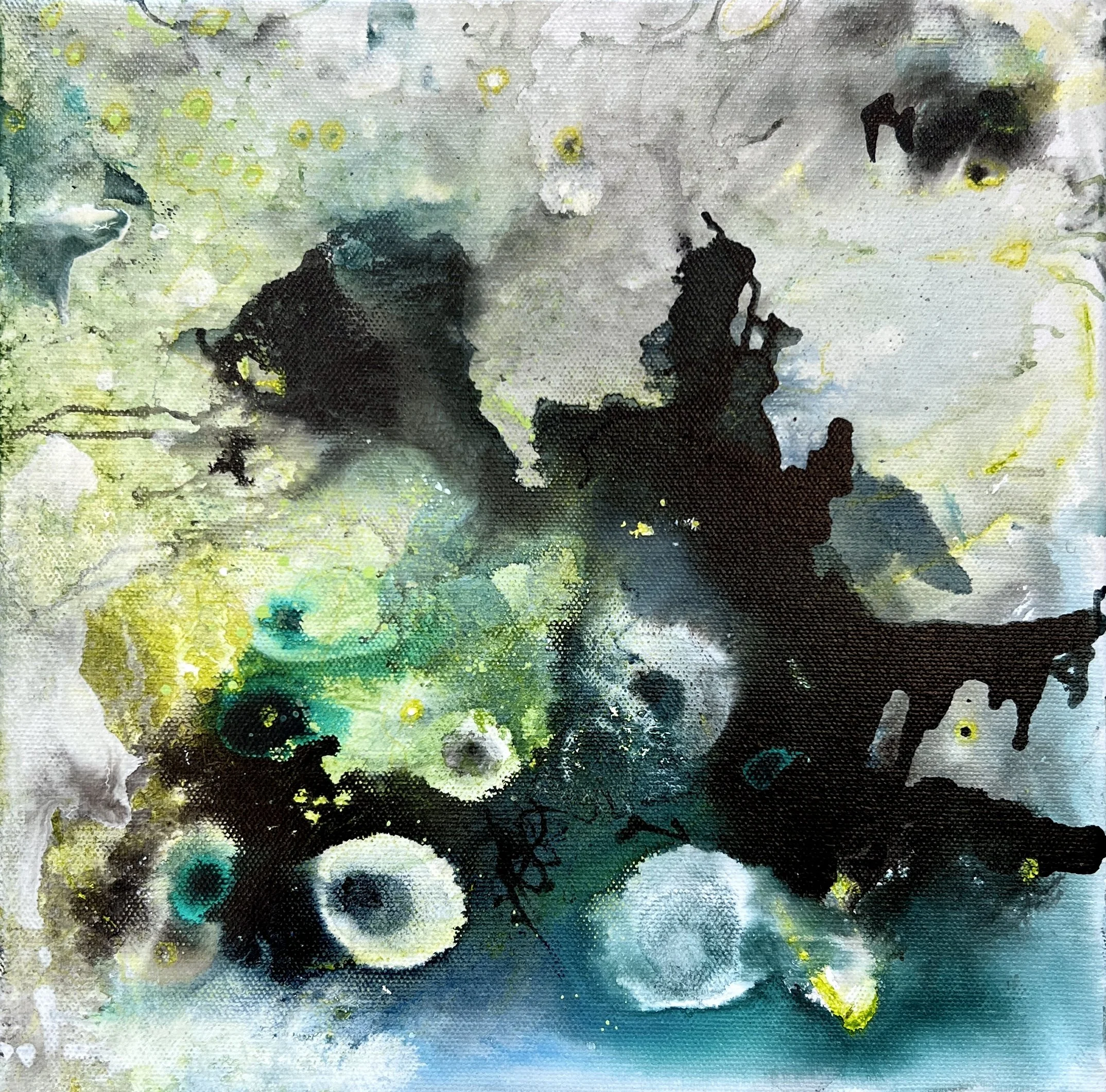 Abstract painting with teal, gray, black, and yellow organic shapes resembling watchful eyes across a textured surface.