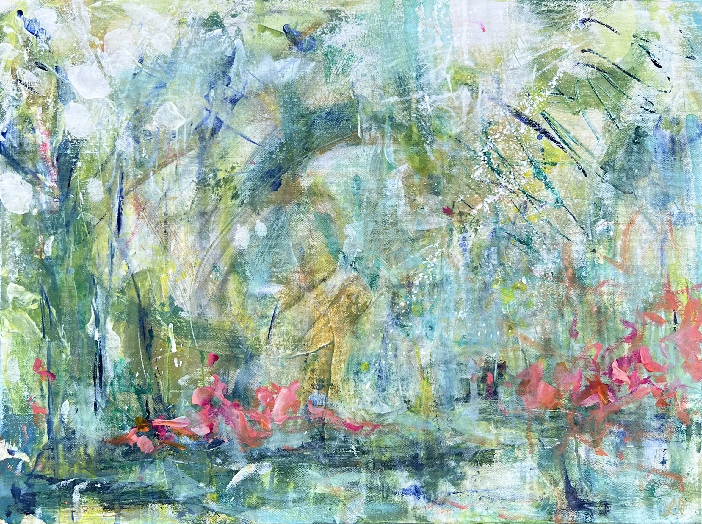 Abstract green and blue acrylic painting with bold brushstrokes, layered texture, and soft pink accents on an 18×24 canvas.