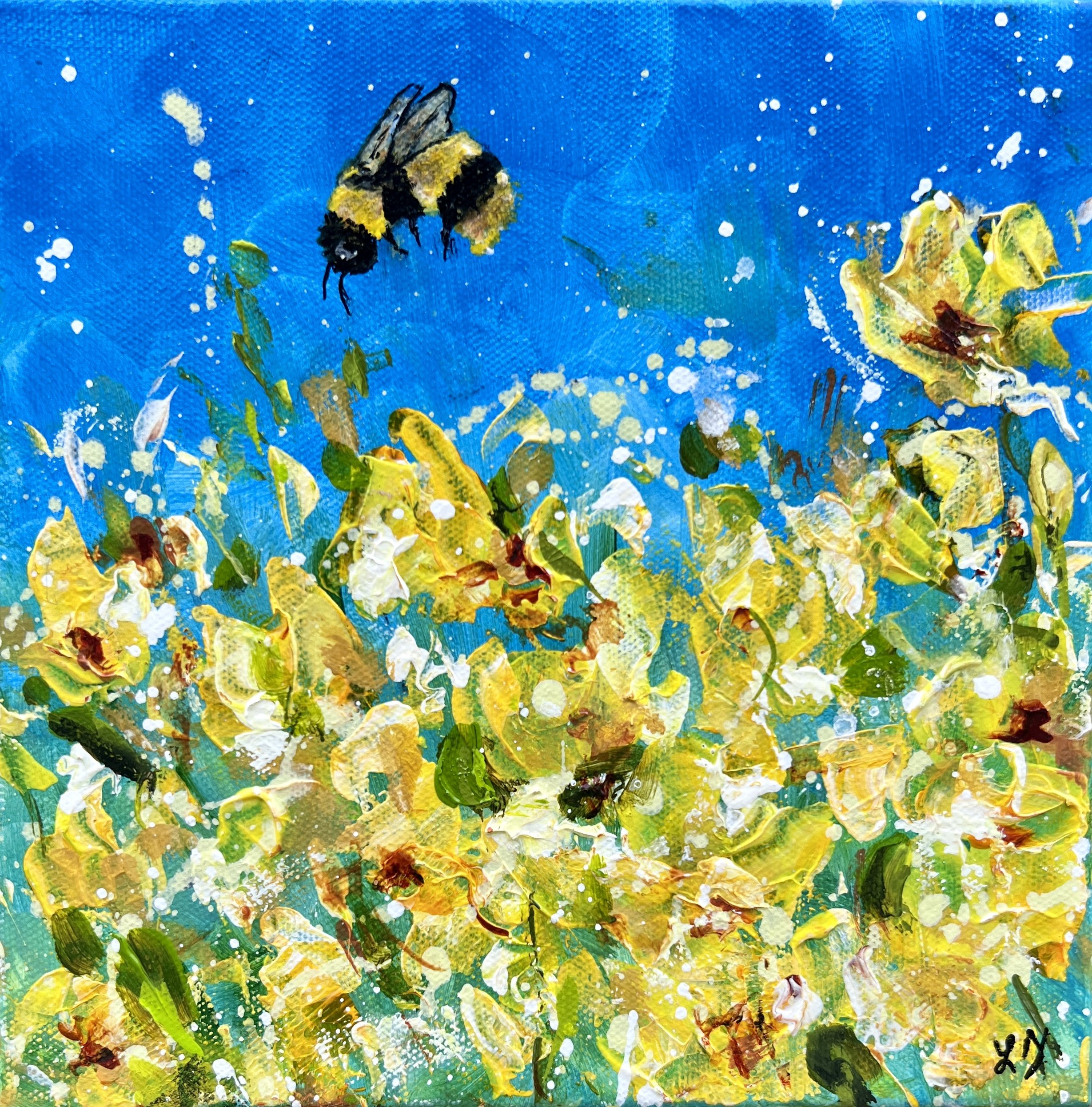 Bright abstract floral painting with yellow flowers and a hovering bumblebee against a vivid blue sky.