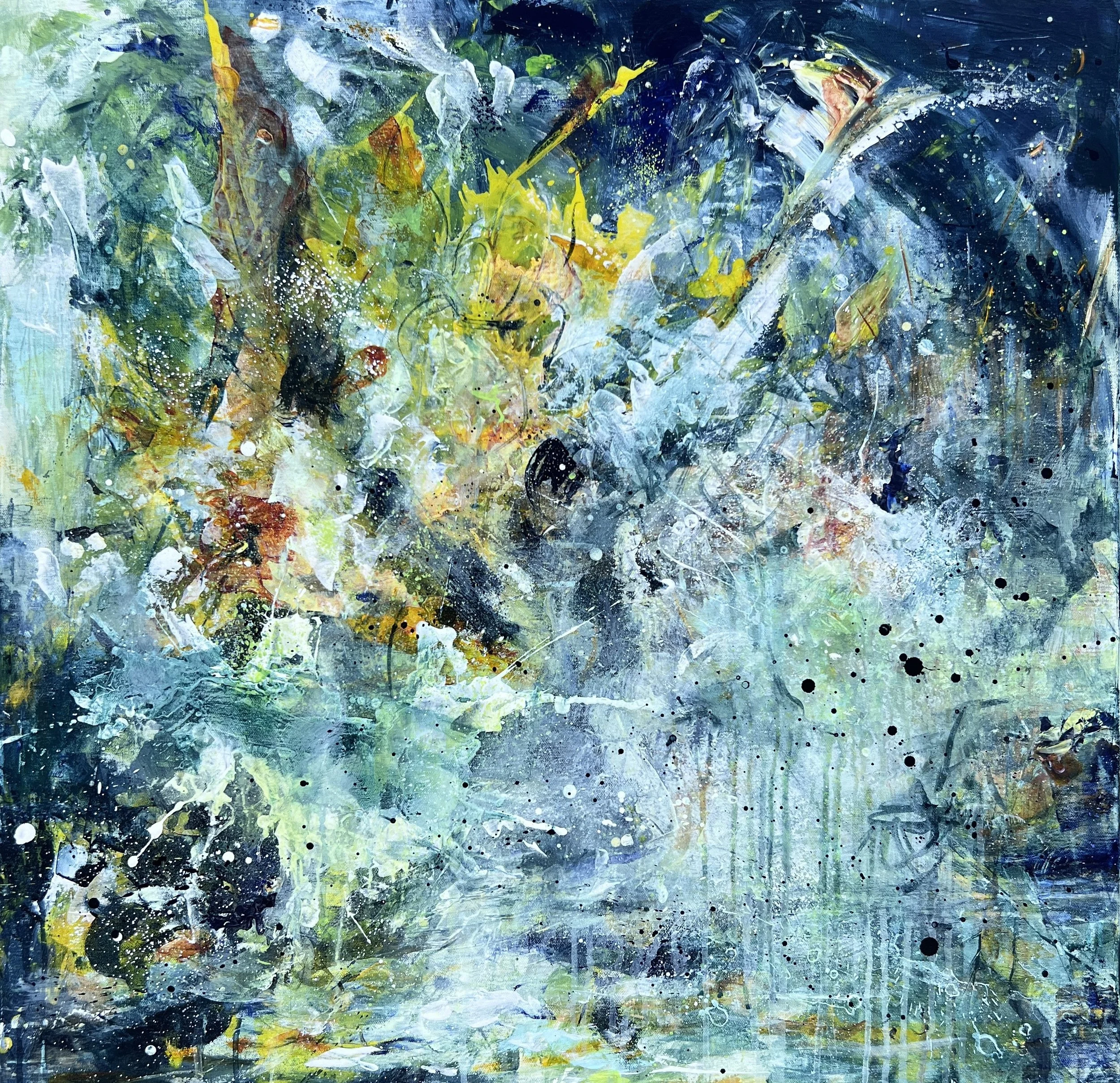 Colorful mixed media abstract painting with layered blues, greens, yellows, and splattered textures in a 30×30 square format.