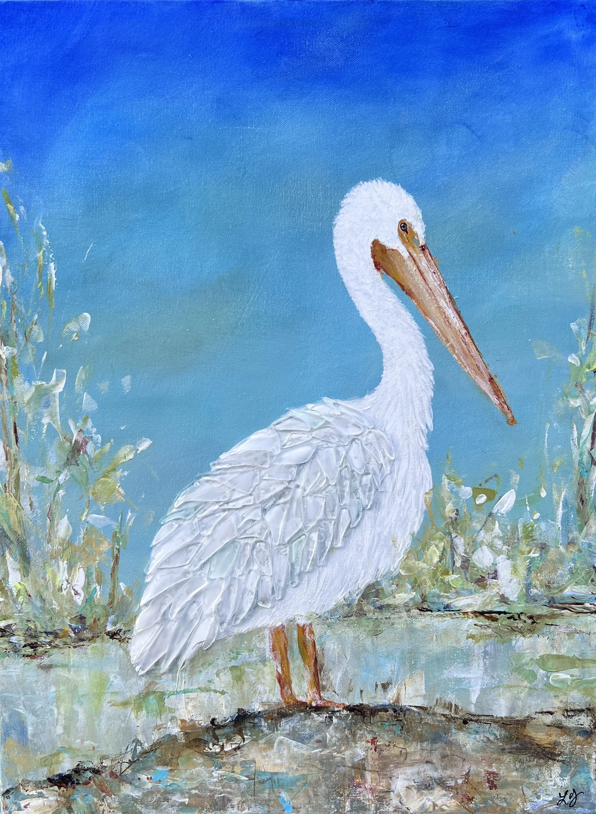 White pelican painting with textured feathers, blue sky, and wetlands backdrop from the artist’s Don’t Trash Me series.