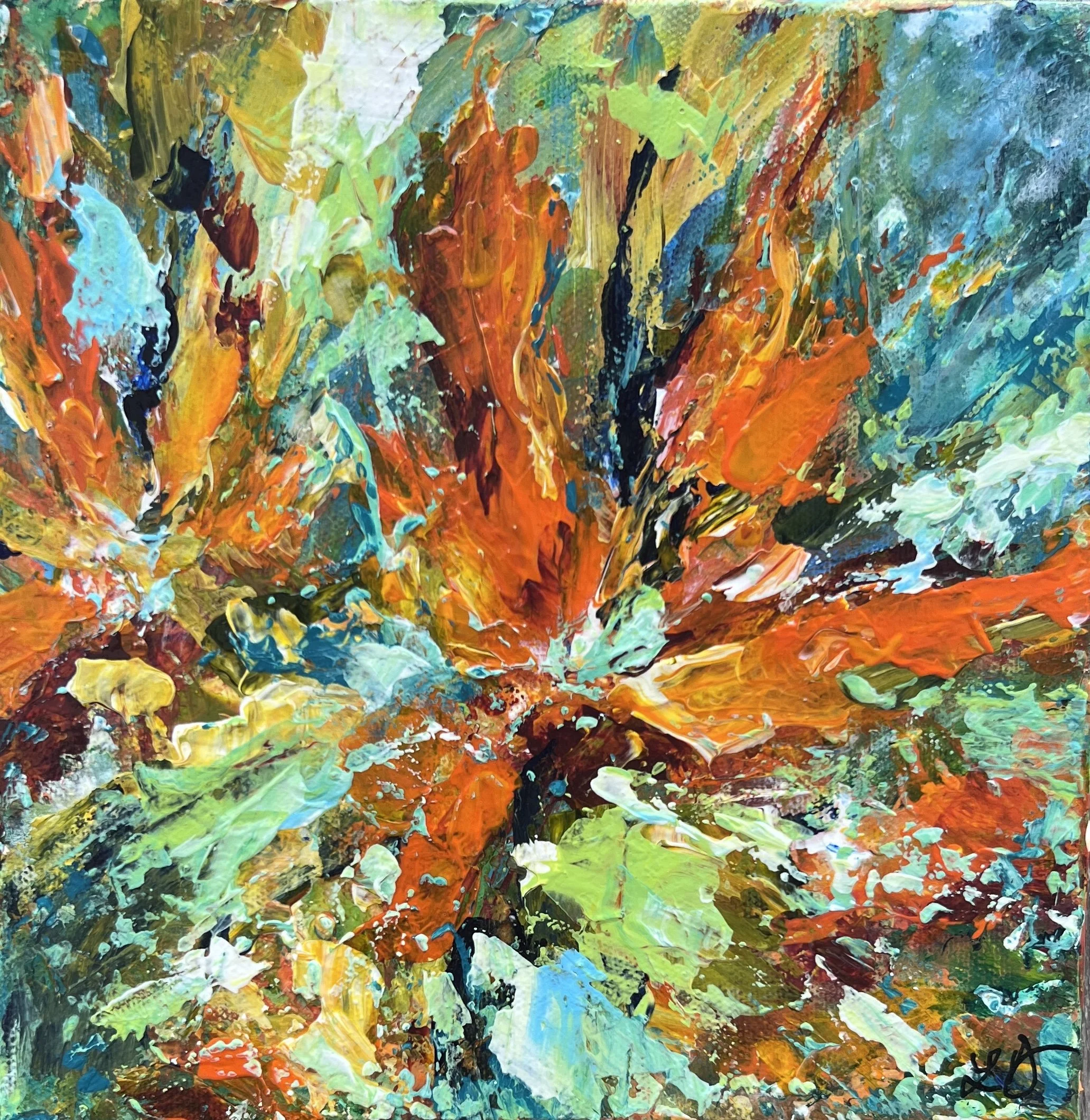 Colorful 8×8 acrylic painting with vibrant orange, teal, and green tropical textures creating an energetic floral-inspired abstract.
