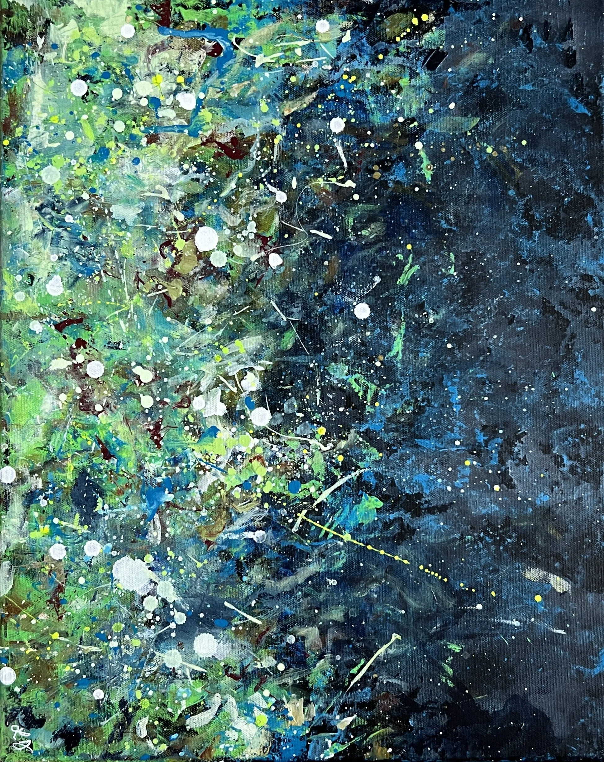 Abstract acrylic painting with vivid greens and blues, white splatters, and deep navy textures in a 16×20 black-framed canvas.