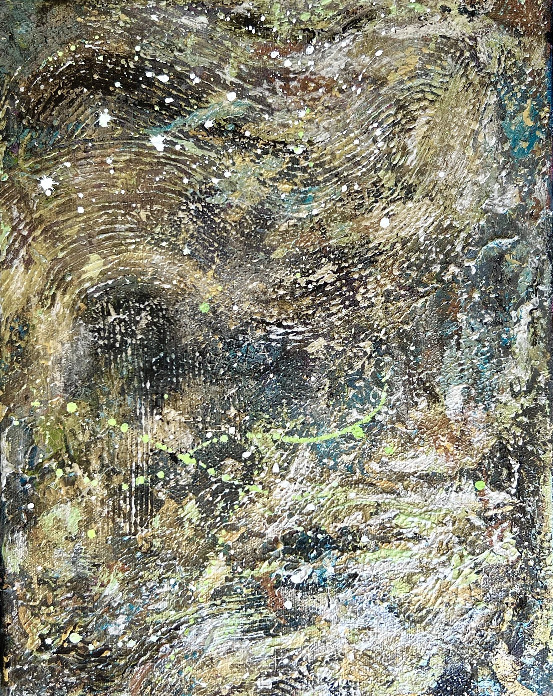 Metallic mixed media abstract painting with gold, black, bronze, and teal textures framed in black and gold.