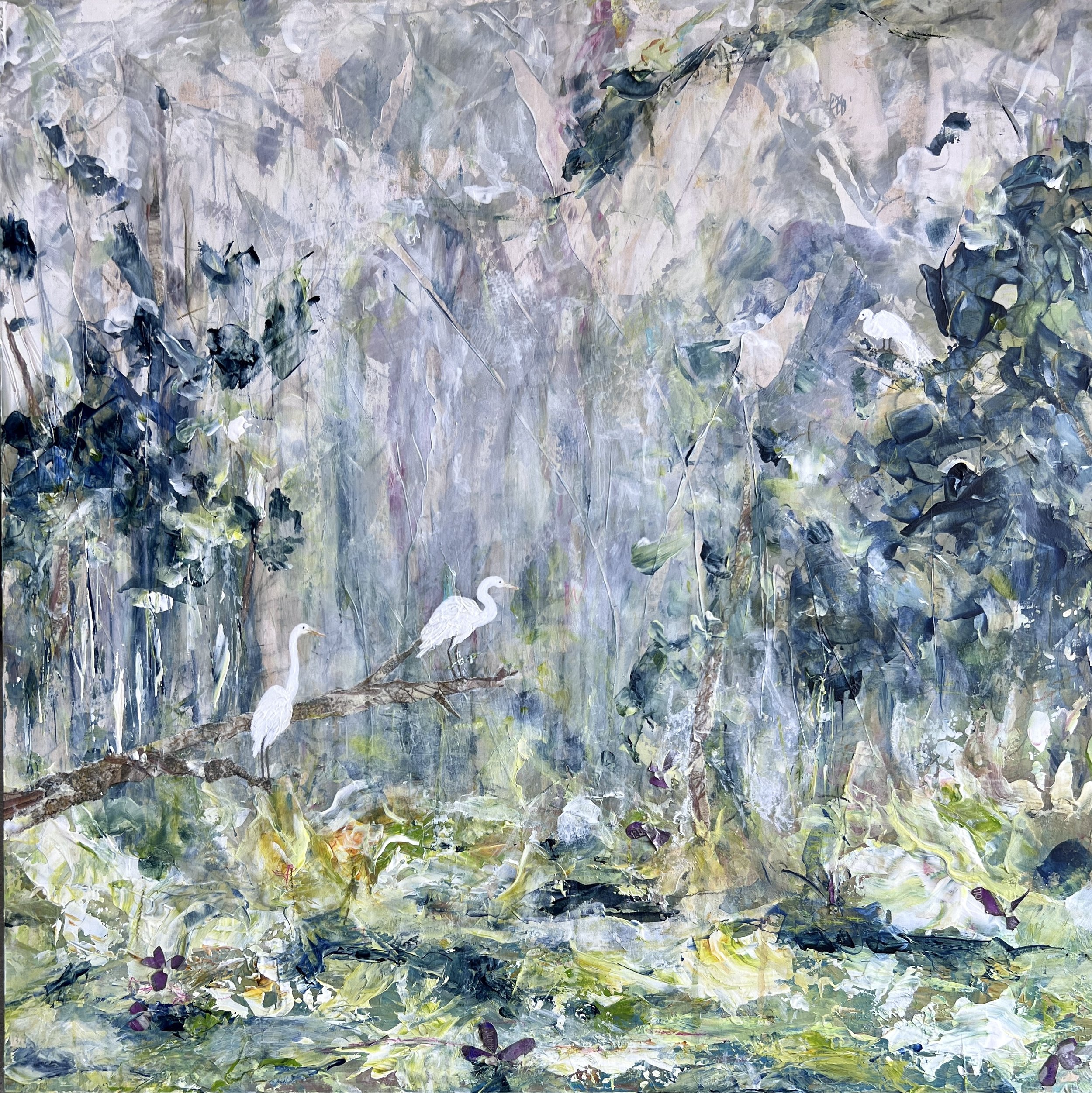 Mist-filled mixed media landscape with white birds perched on a branch, layered greens, blues, and soft forest textures.