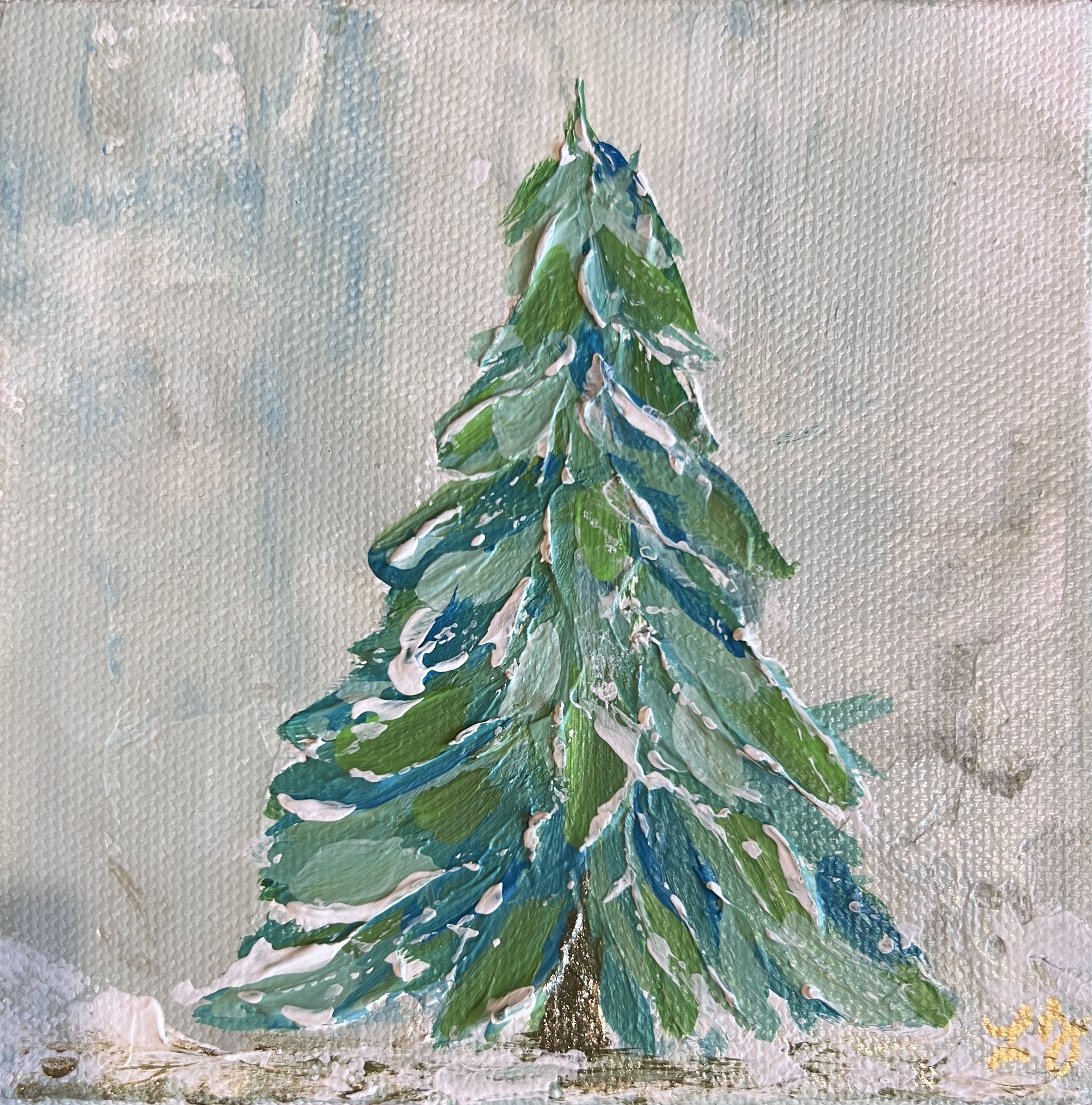 Small textured christmas tree painted in greens and snowy whites on a 5×5 canvas with a soft winter background.