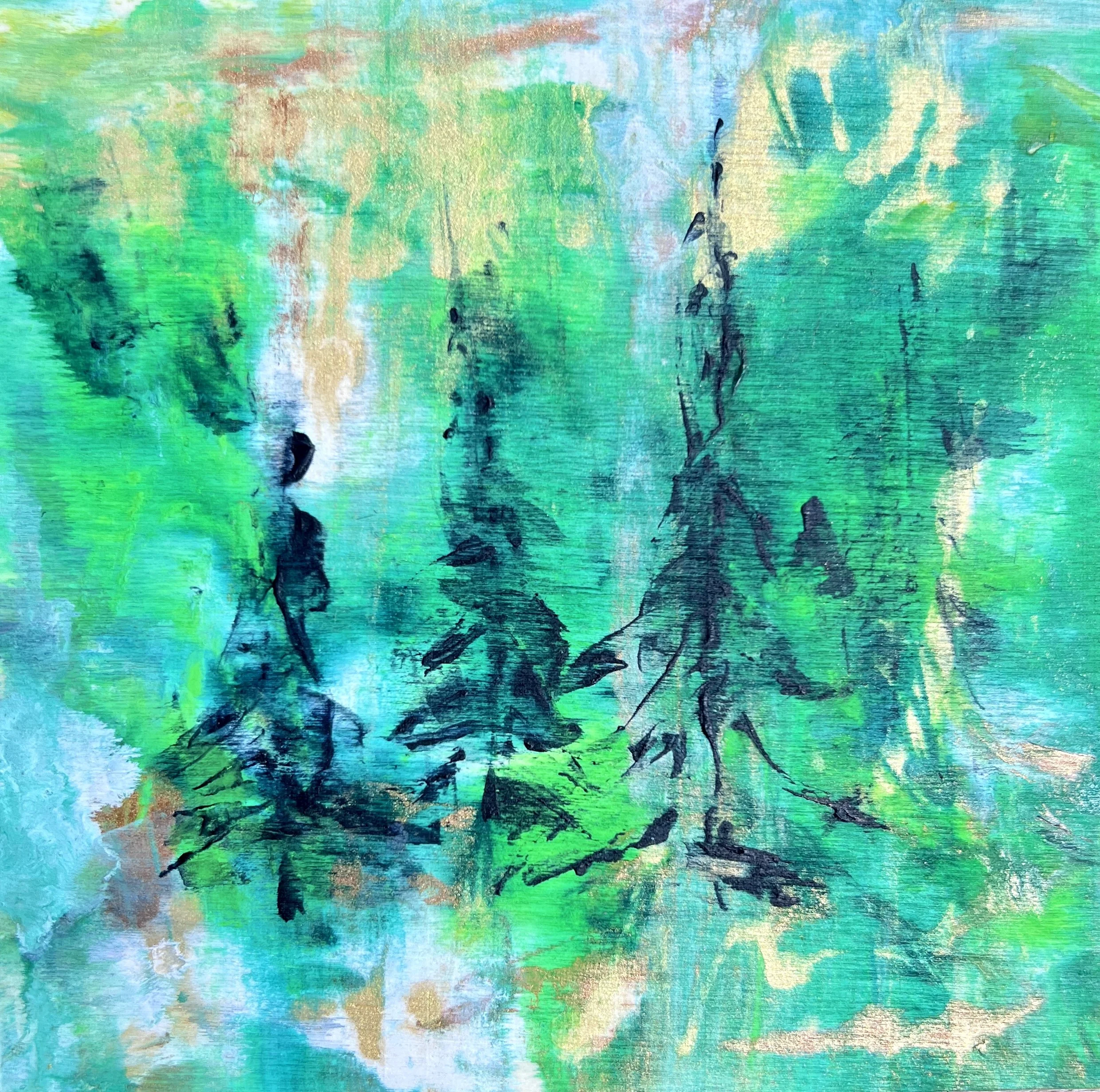 Small abstract painting of three christmas trees in layered greens, blues, and gold on a 6×6 cradled wood panel.