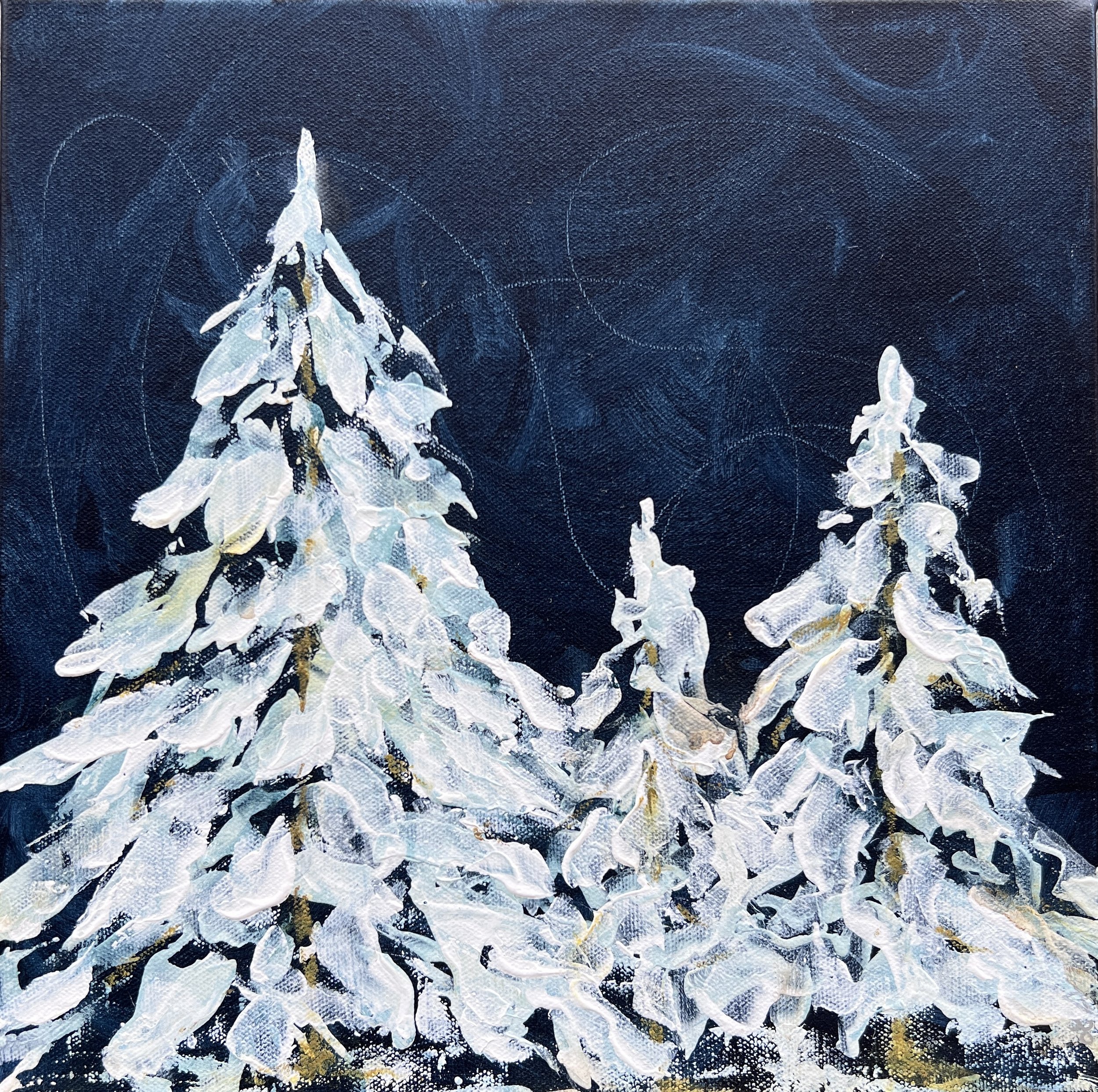Snow-covered christmas trees against a deep blue night sky in a textured 12×12 acrylic winter landscape painting.