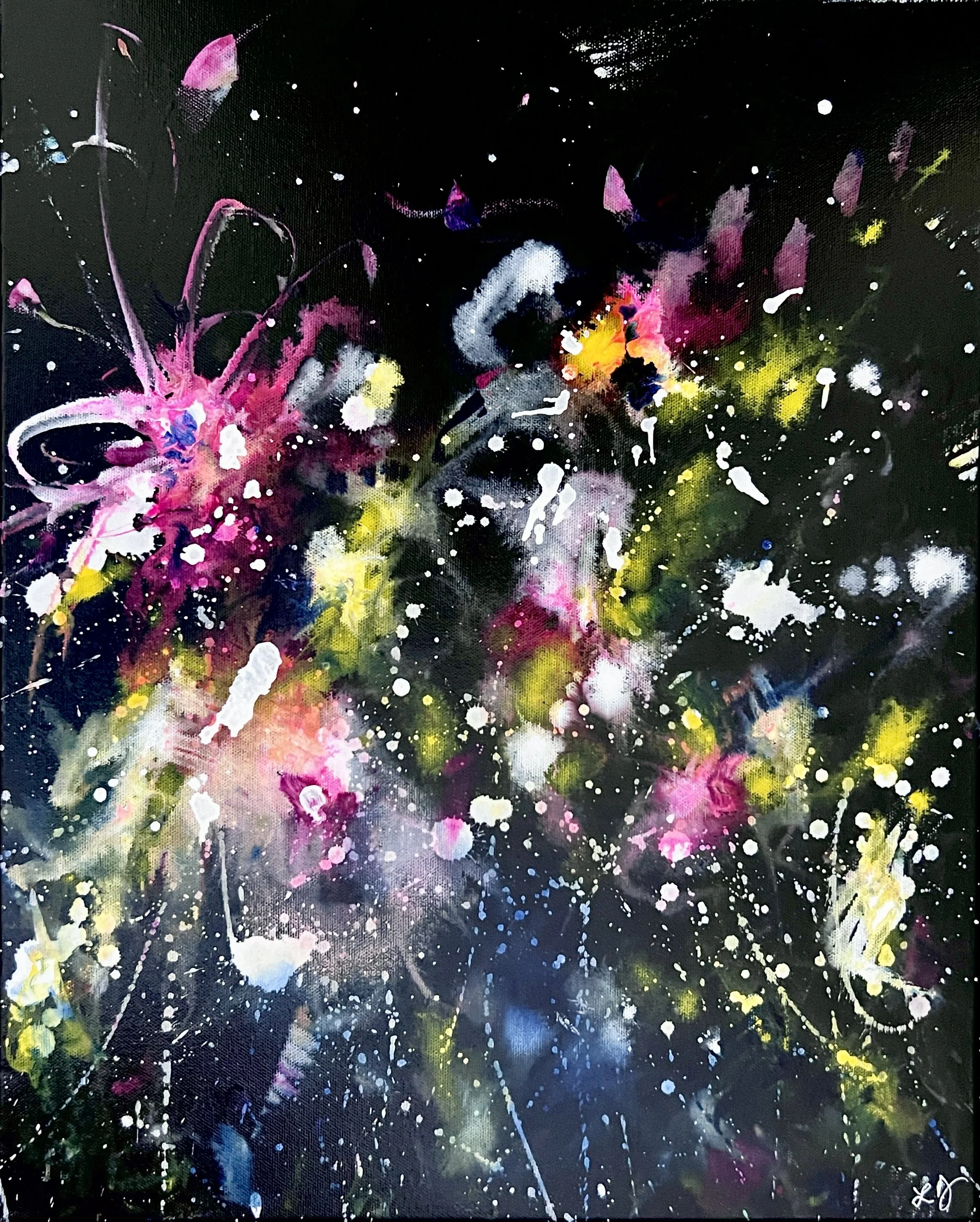 Neon abstract floral painting with bright pink, yellow, green, and white splatters on a black background.