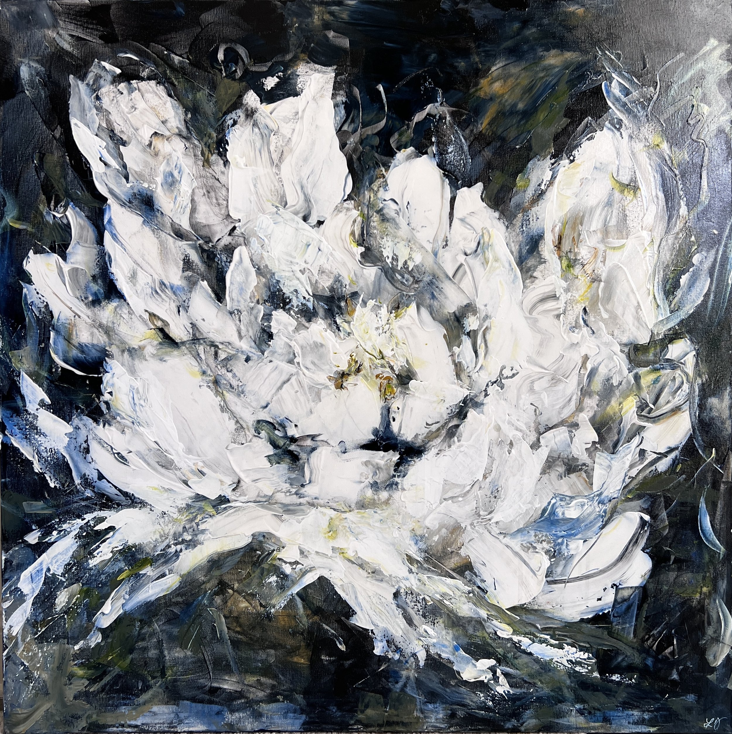 A 36x36 original acrylic painting titled “Quiet Confidence,” showing thick, textured strokes that form an abstract white flower surrounded by deep blues, greens, and rich neutral colors.