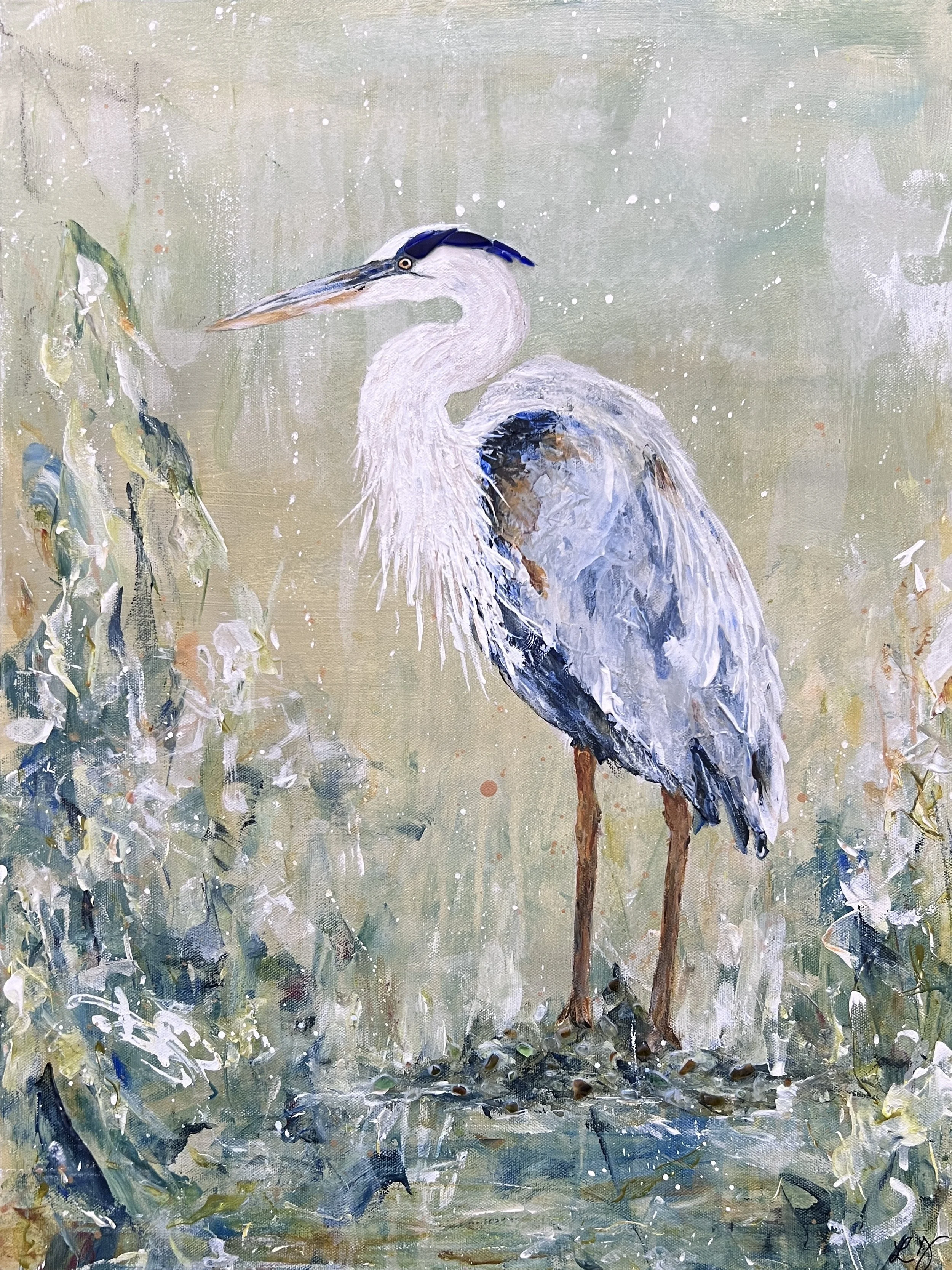 Mixed media painting of a blue heron with layered textures, soft greens, and blue glass accents from University Lake.