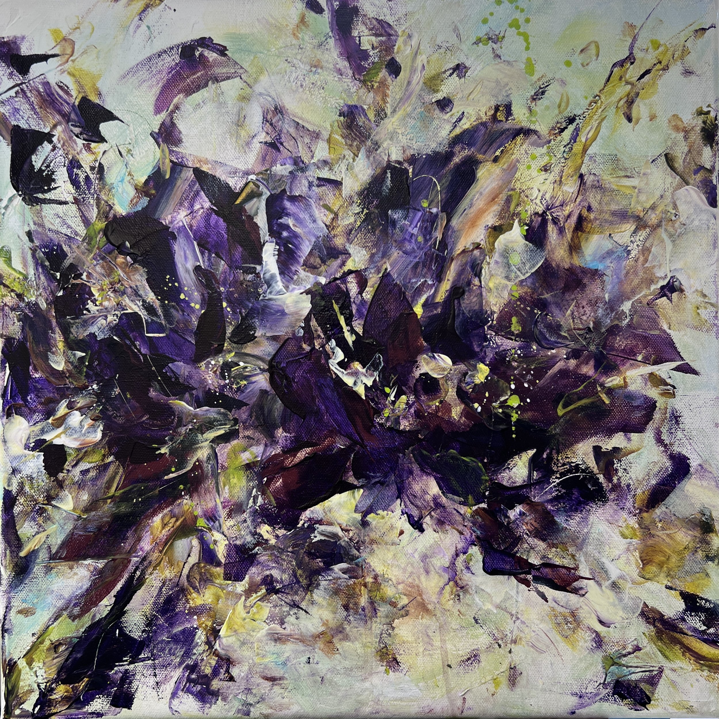 abstract iris painting with golds and plums and greens