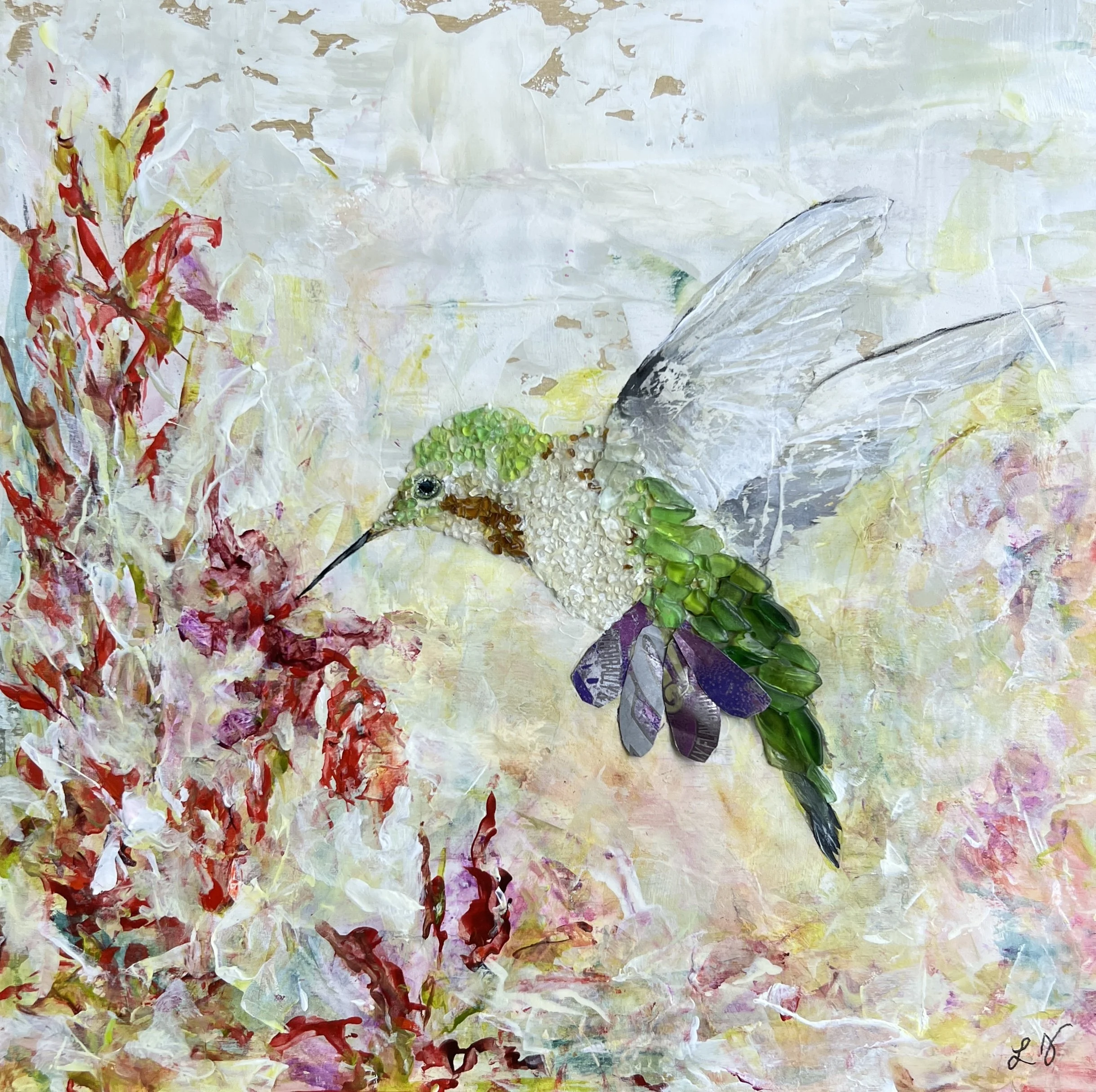 Mixed media hummingbird artwork with green and purple feathers sipping from red flowers on a textured 12×12 wood panel.