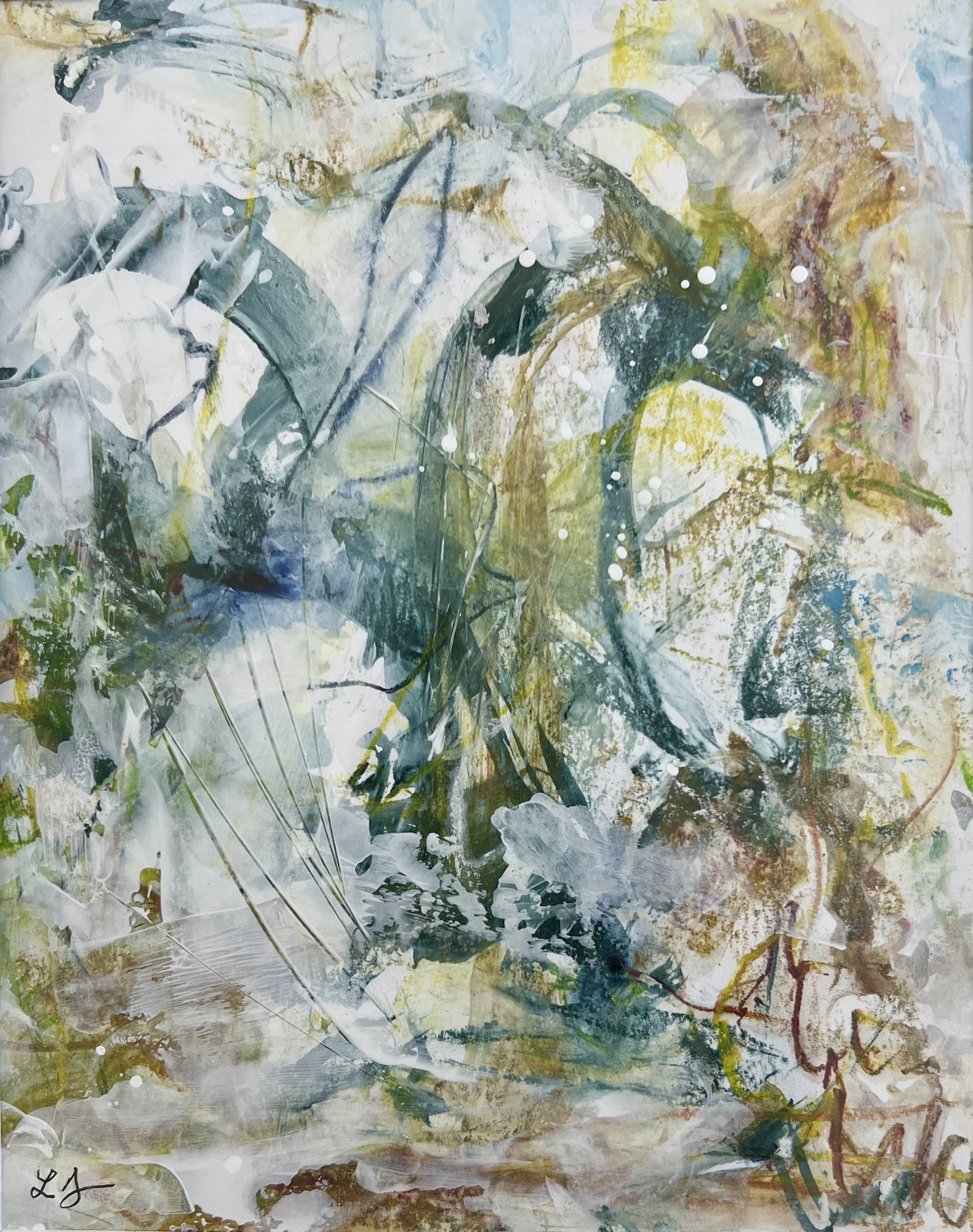 Mixed media abstract in greens, golds, whites, and blues with layered textures on paper, framed in bronze metal.